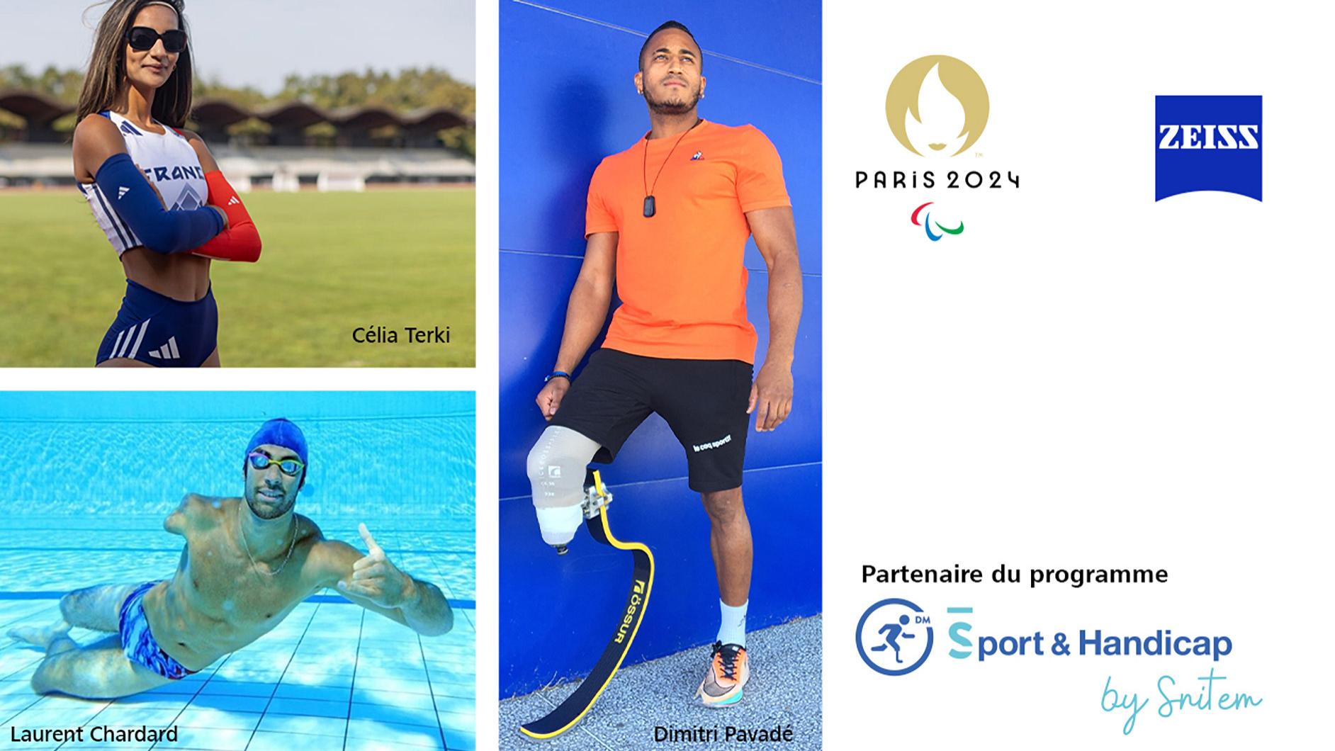 L'image représente 3 athlètes paralympiques partenaire du programme Sport et Handicap de la Snitem et soutenu par ZEISS. Les 3 parathlètes présent aux JP de Paris sont: Celia Terki, coureuse malvoyante, Laurent Chardard, nageur amputé d'un bras et d'une jambe et Dimitri Pavadé, spécialiste amputé d'une jambe du saut en longueur