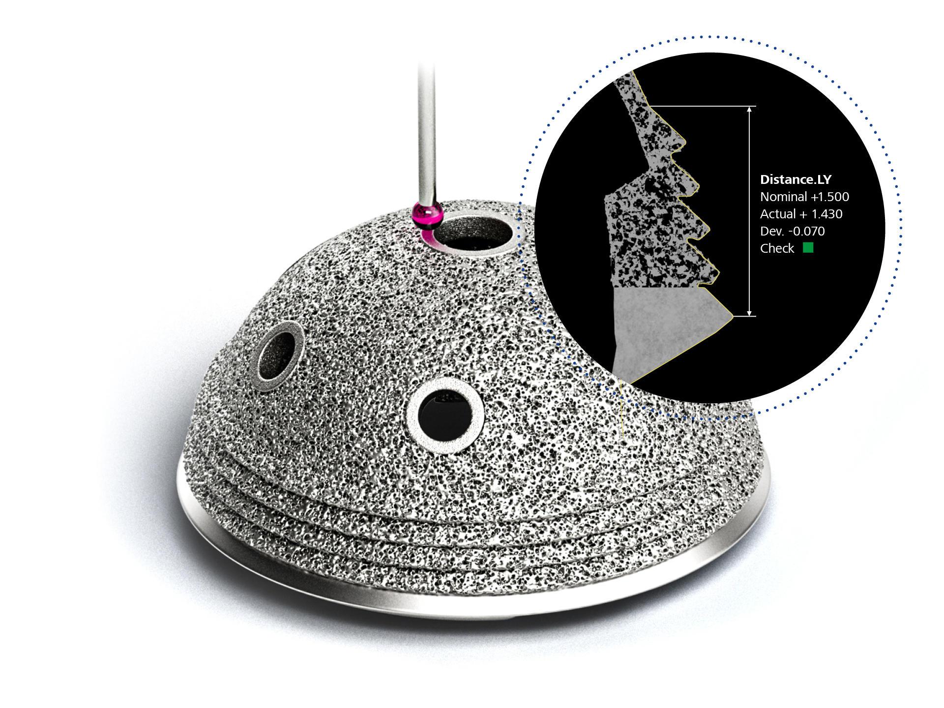Contrôle dimensionnel de géométries externes 3D très complexes et de structures/caractéristiques internes d'implants de hanche fabriqués de manière additive