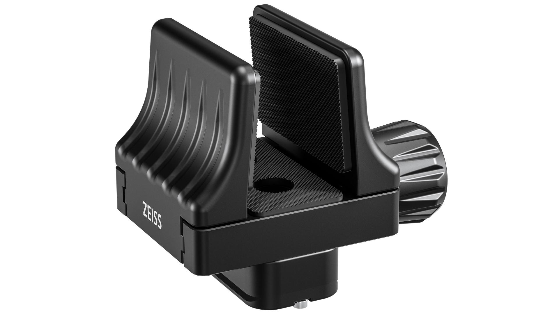 Black ZEISS camera mounting clamp with textured grip surfaces, adjustment knob, and central screw hole.