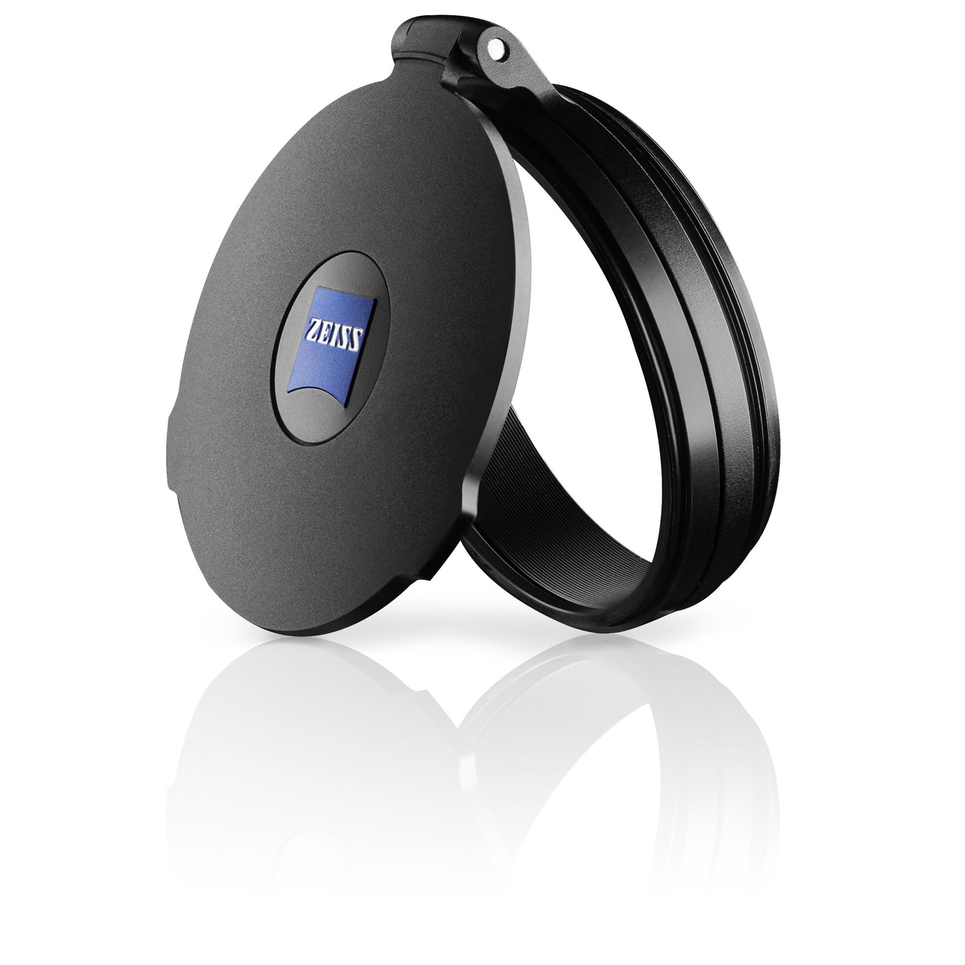 Black ZEISS lens cap with a foldable design and ZEISS logo centered on the front.