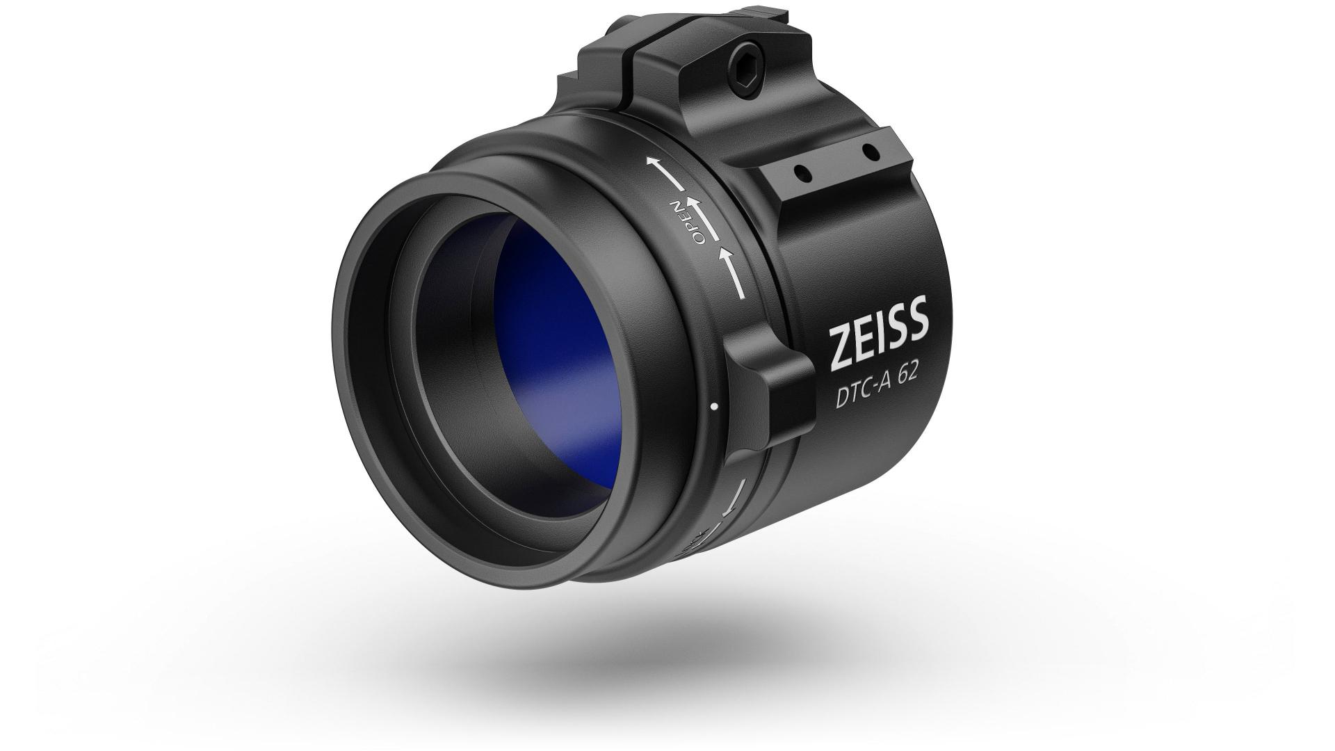 Black ZEISS DTC 4/62 thermal imaging clip-on device with a blue-tinted lens and detailed labeling on a white background.