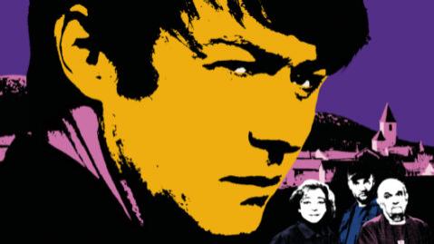 Poster for the film *Miséricorde* featuring a large stylized portrait of a man in yellow and black, with smaller images of other characters and a village scene in the background.