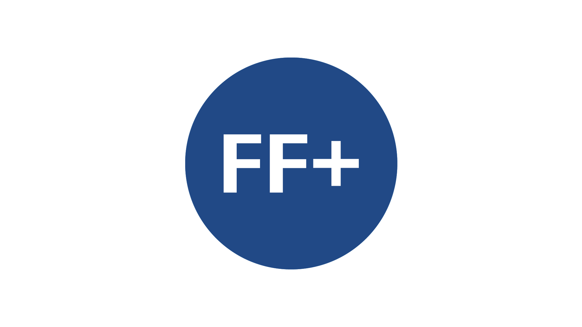 Blue circular icon with white "FF+" text in the center on a black background.