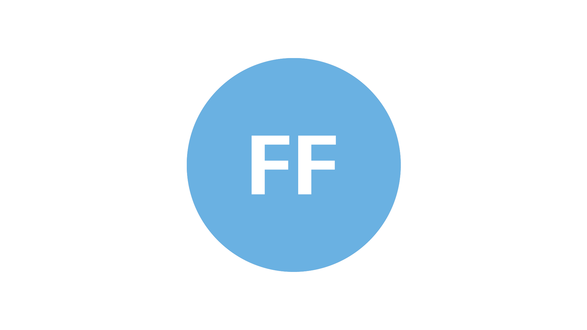 Blue circle with white letters "FF" in the center on a black background.