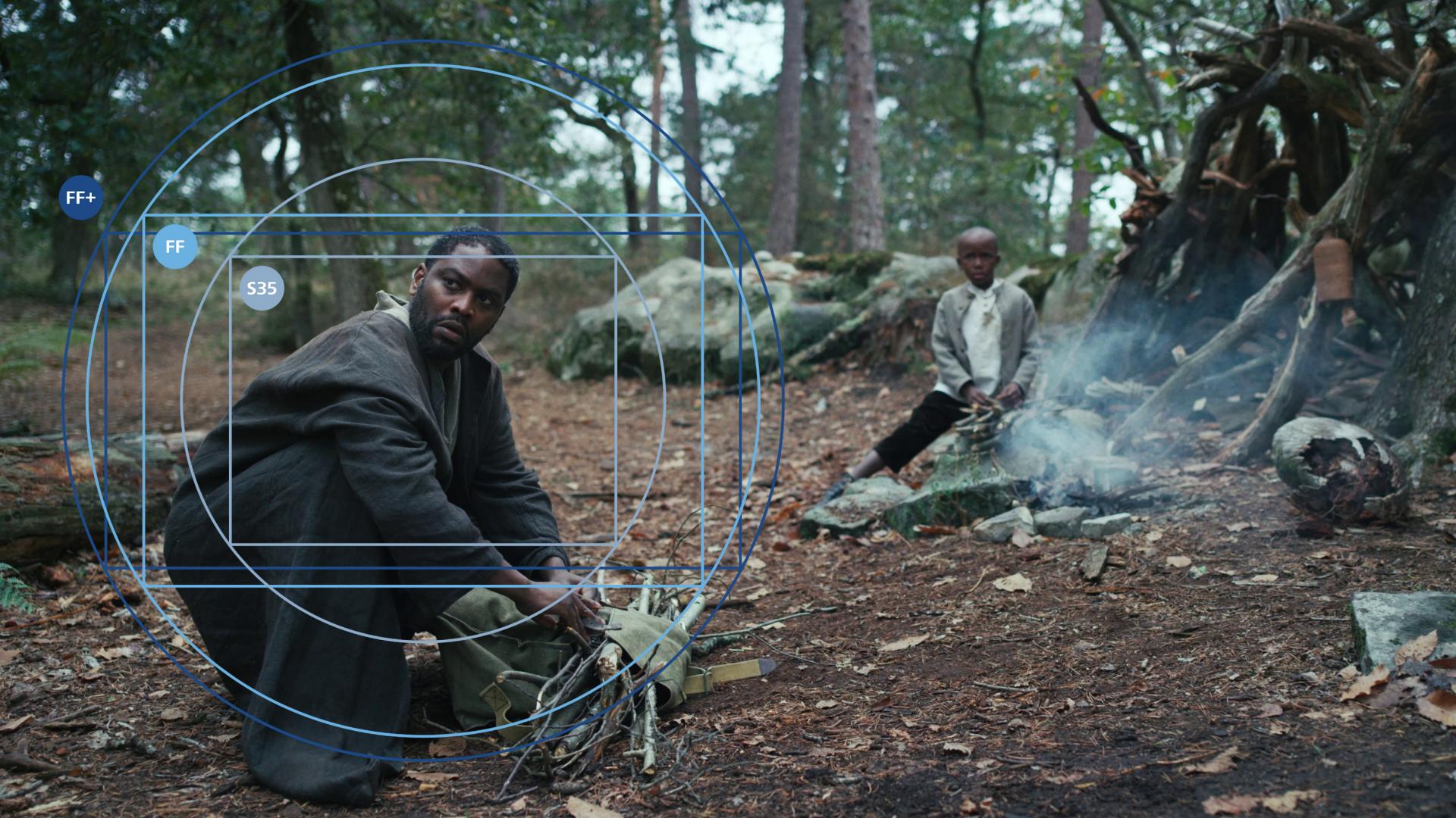 Two people are in a forest setting with one tending to a fire and the other collecting wood, overlaid with ZEISS lens interface graphics.