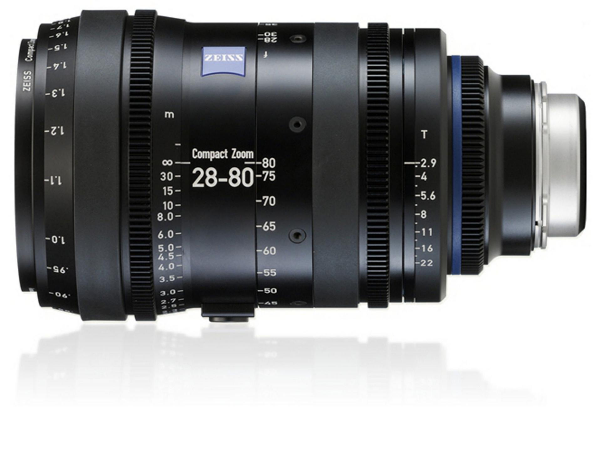 Side view of a ZEISS Compact Zoom 28-80mm T2.9 professional cine lens with detailed focus and aperture markings.