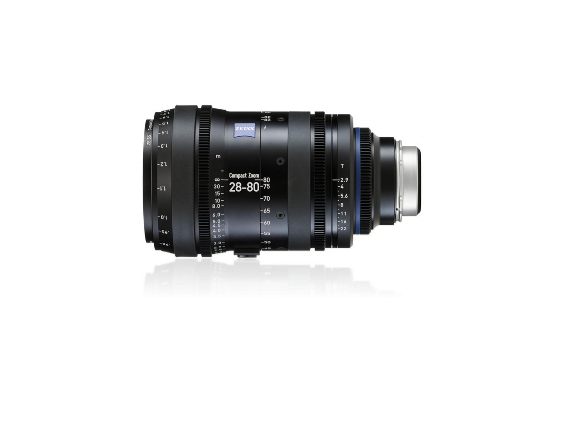 Side view of a ZEISS Compact Zoom 28-80mm T2.9 professional cine lens with detailed focus and aperture markings.