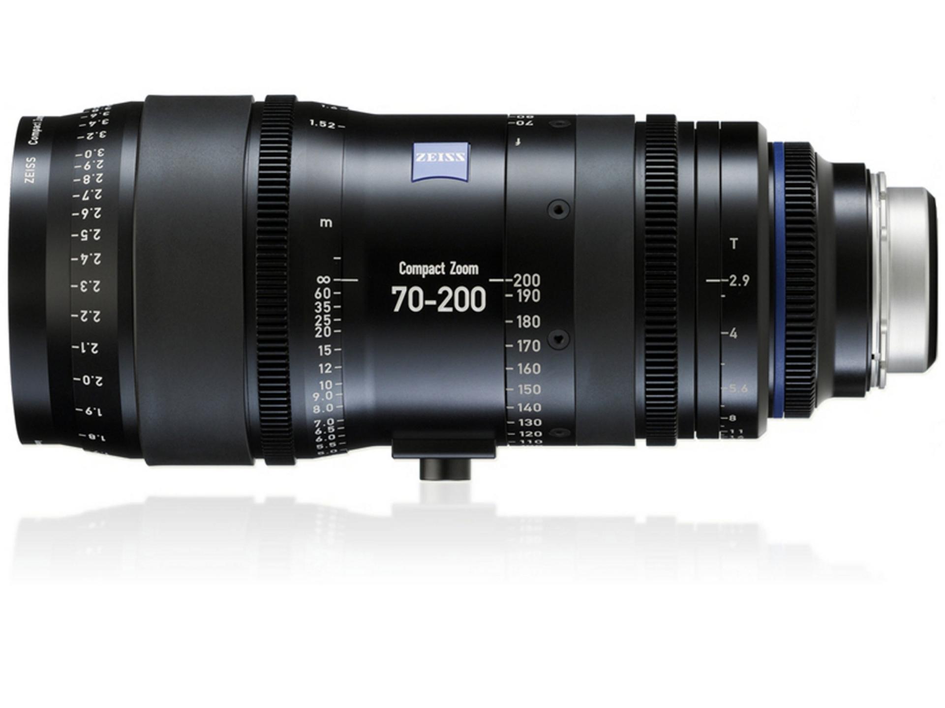 Side view of a ZEISS Compact Zoom 70-200mm professional camera lens with detailed focal length and aperture markings.