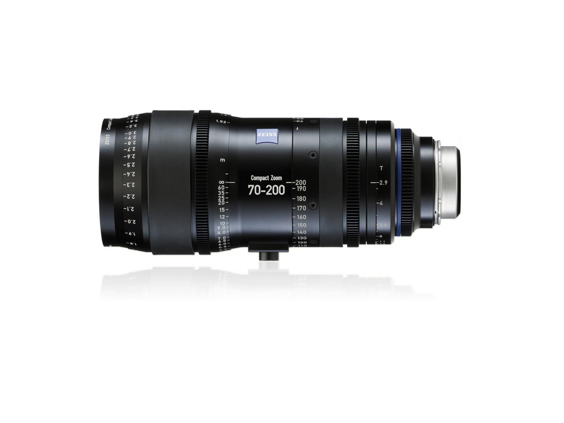 Side view of a ZEISS Compact Zoom 70-200mm professional camera lens with detailed focal length and aperture markings.