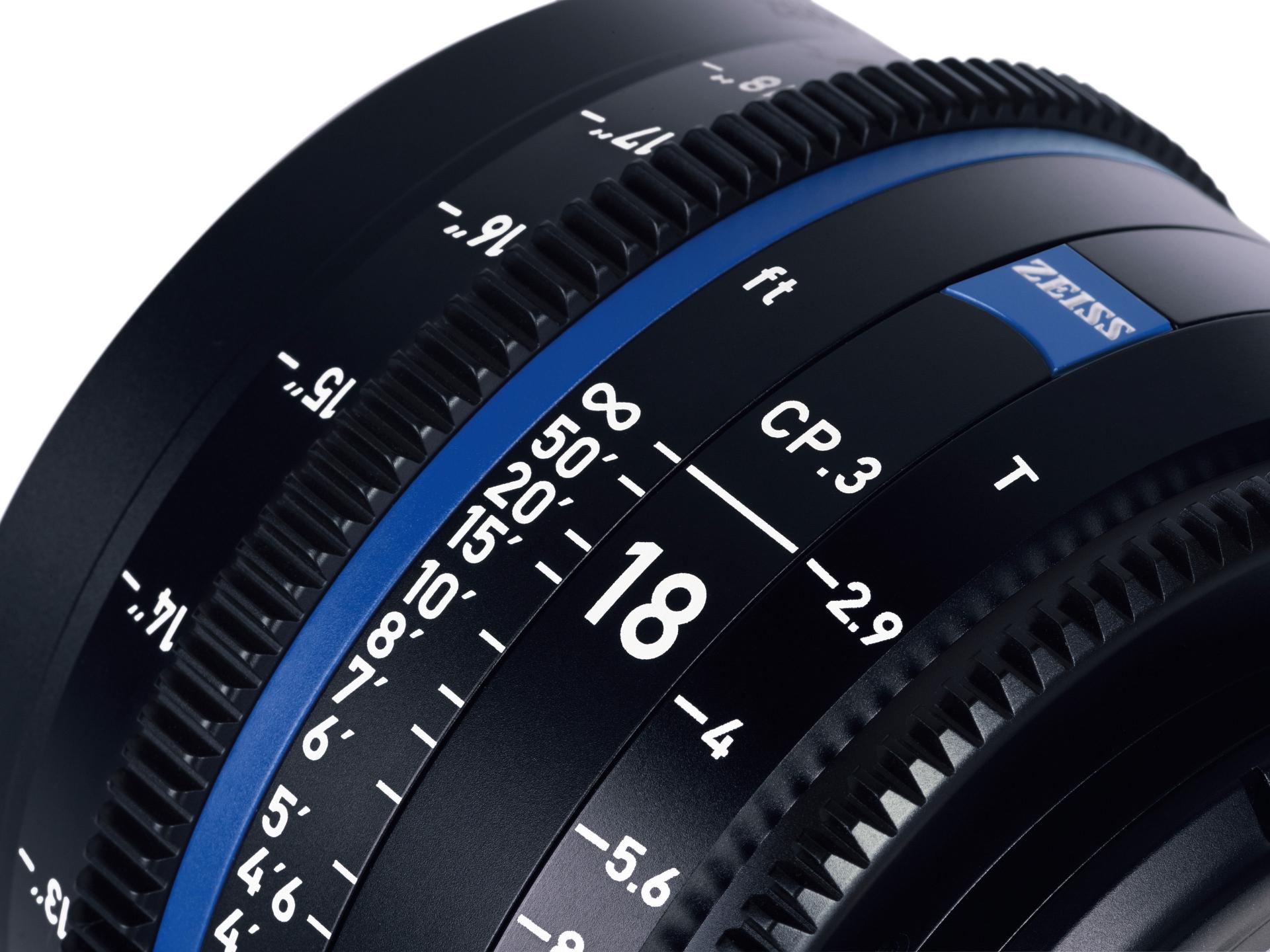 Close-up image of a ZEISS CP.3 18mm cinema lens showing detailed focus and aperture markings.