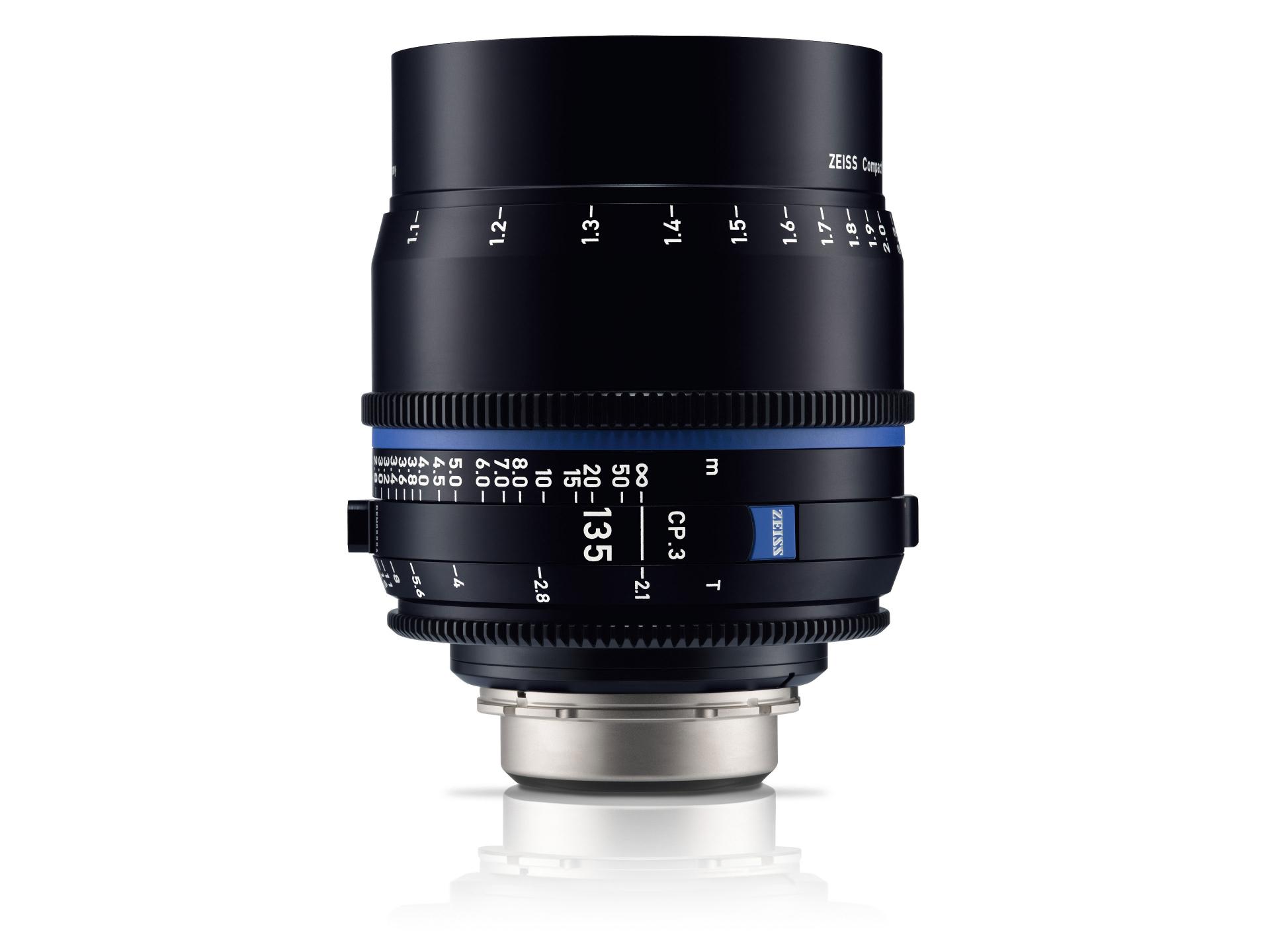 Professional close-up image of a ZEISS Compact Prime CP.3 135mm T2.1 cinema lens showing detailed focus and aperture markings.