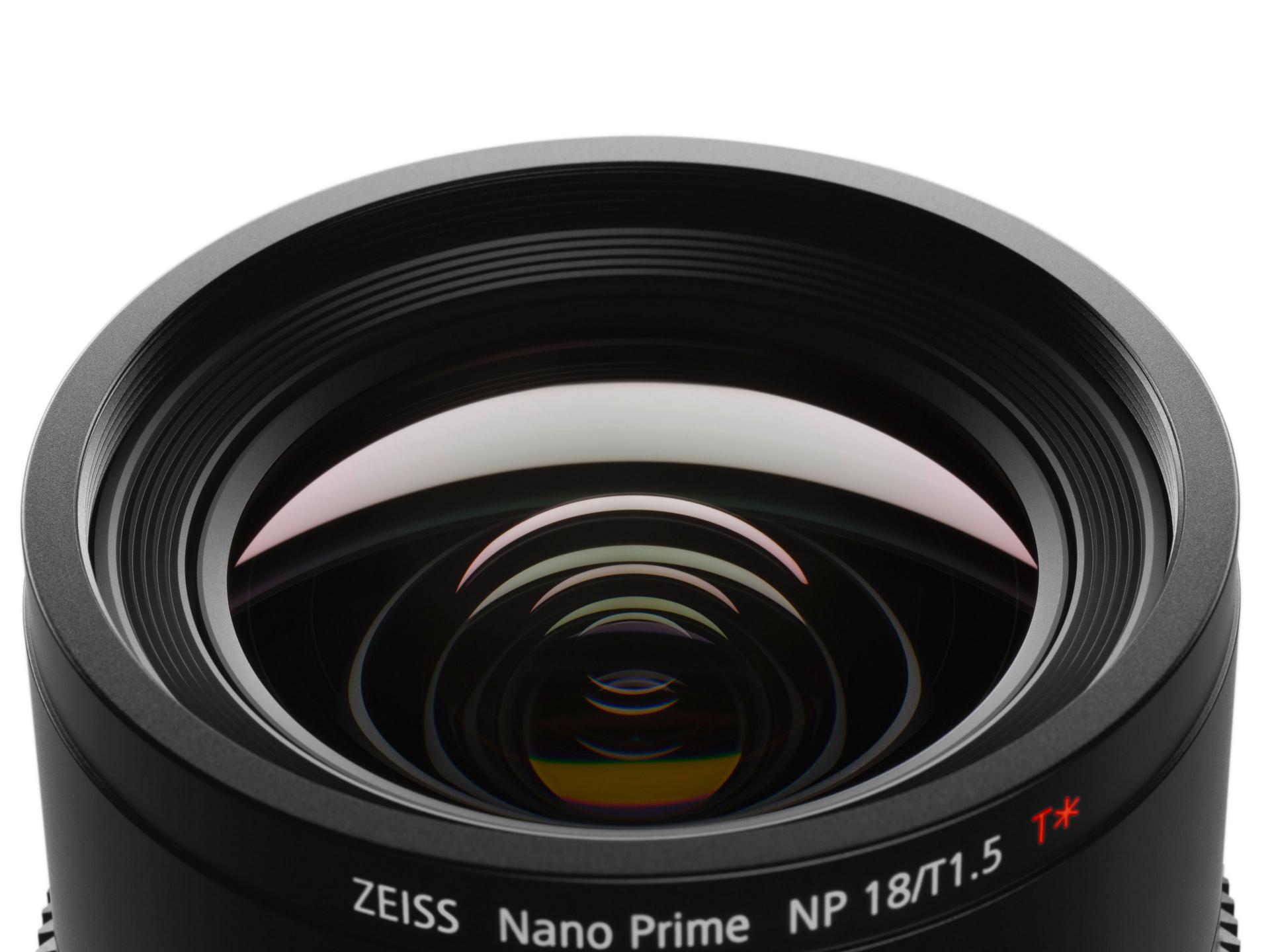 Close-up view of a ZEISS Nano Prime NP 18/T1.5 camera lens showcasing its front glass element and detailed labeling.