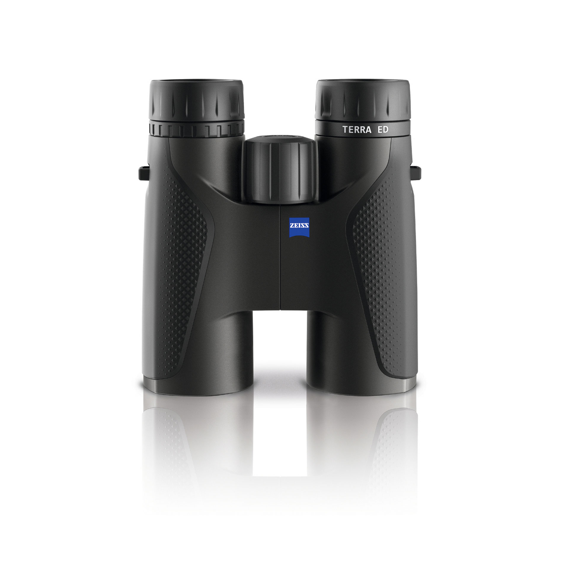Black ZEISS TERRA ED binoculars with textured grip and central focusing wheel, shown against a white background.