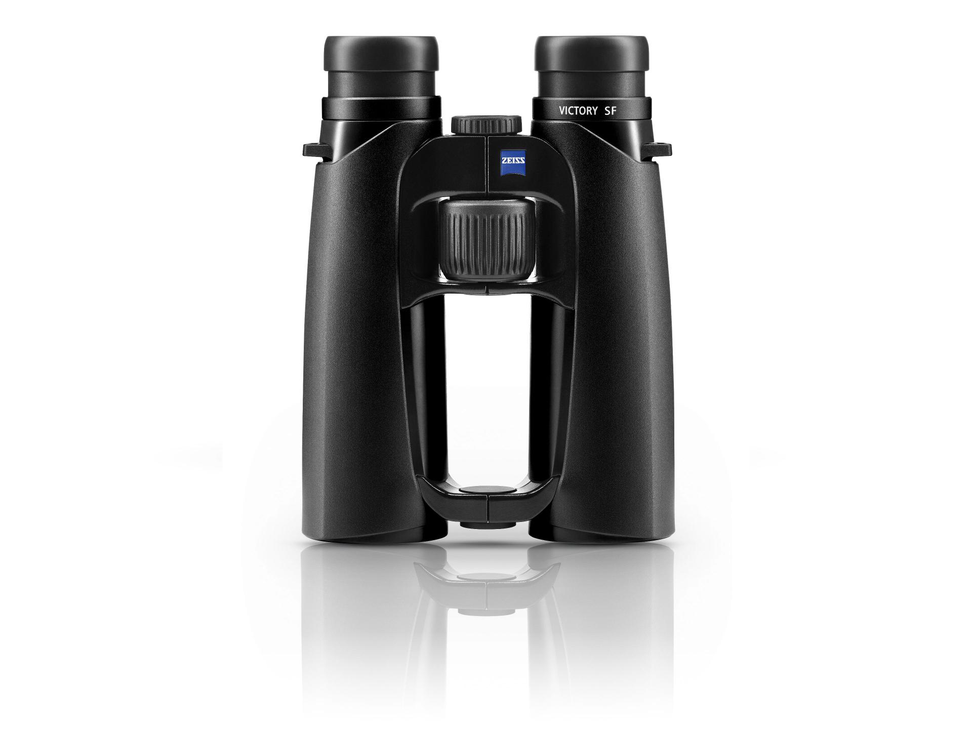 Front view of a pair of ZEISS VICTORY SF black binoculars with a central focusing wheel and visible ZEISS logo.