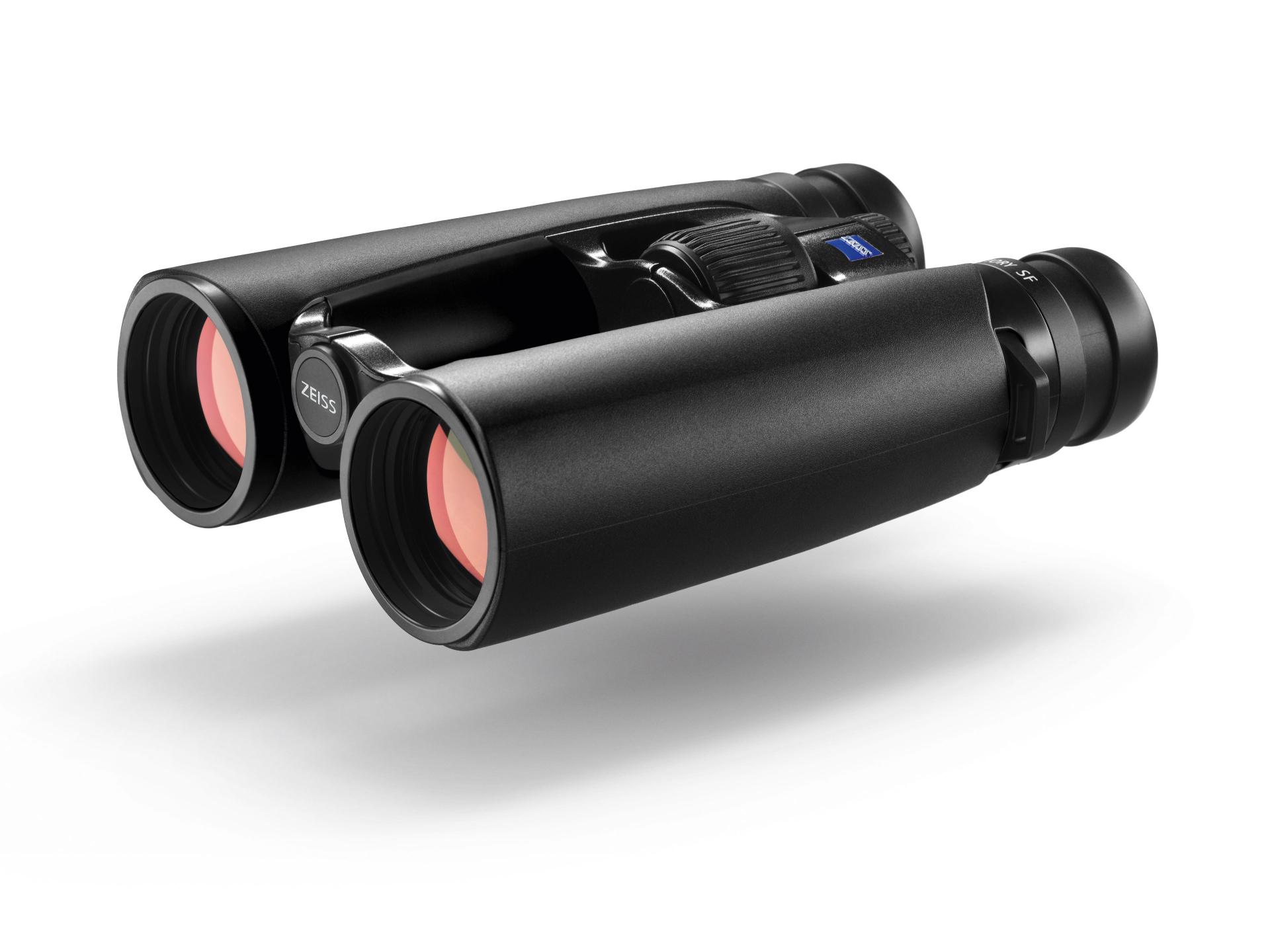 Black ZEISS binoculars with red-tinted objective lenses and a sleek, modern design.