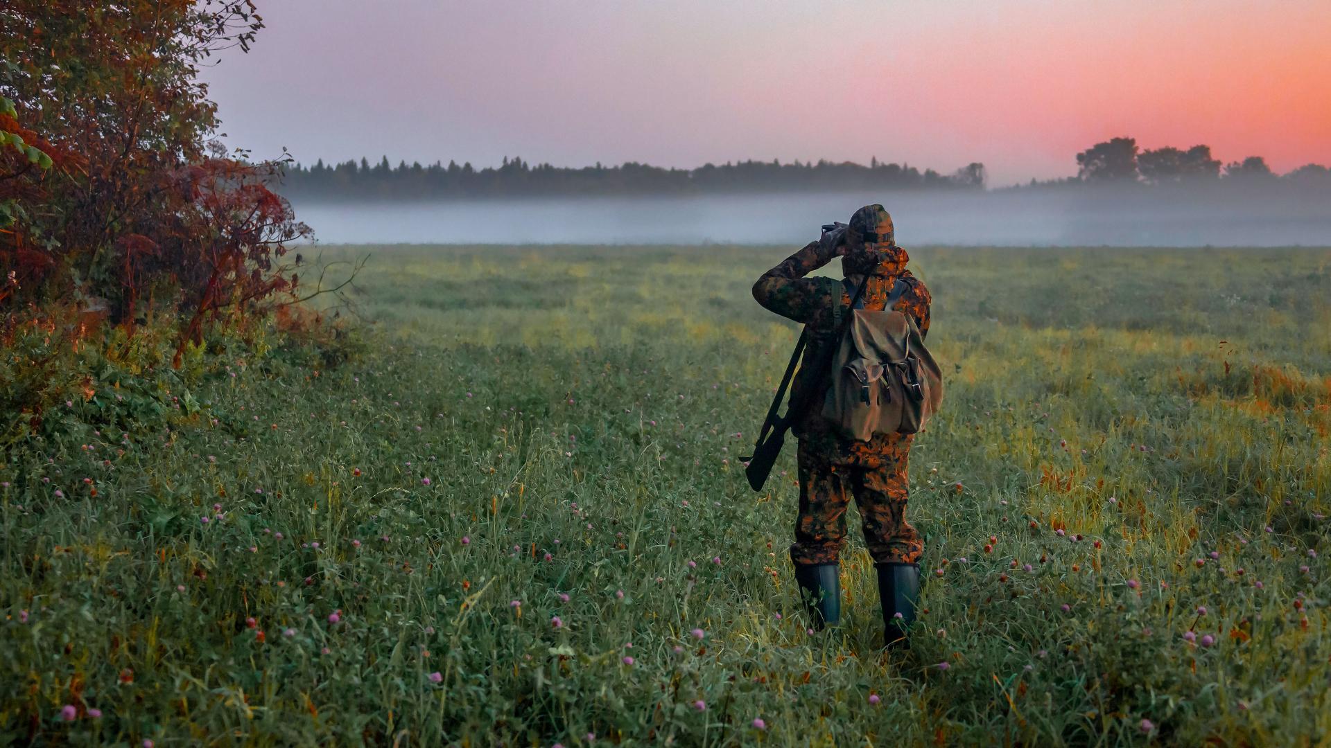 Hunter with binoculars in a landscape at sunrise – ZEISS 20x60 S binoculars with image stabilization