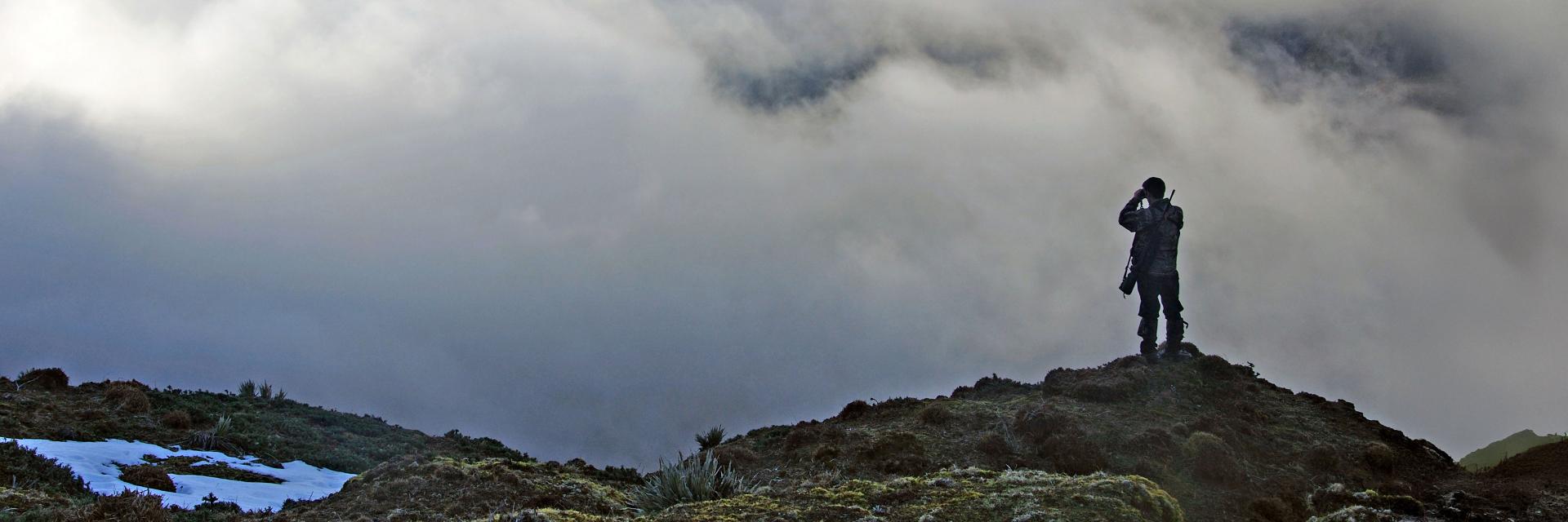 Person with binoculars standing on a hill under a cloudy sky – showcasing ZEISS Specials for night and long-range observation