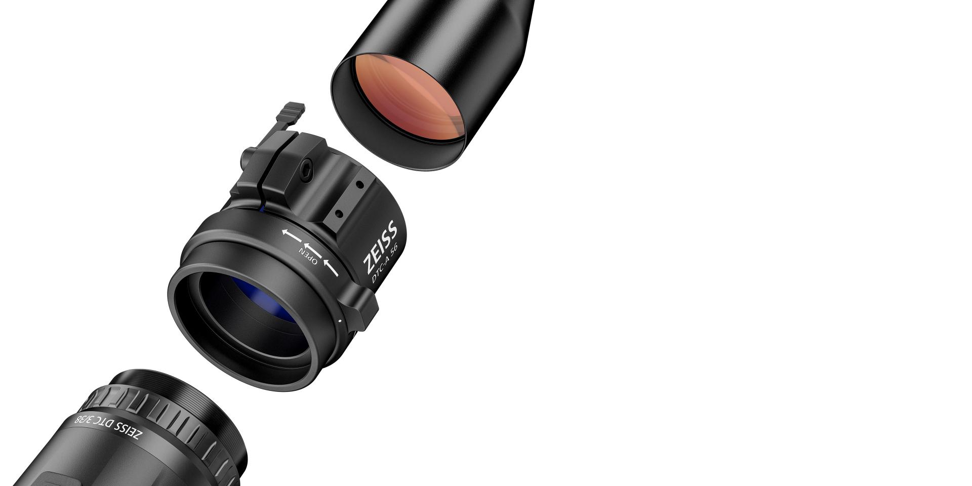 Exploded view of a ZEISS camera lens system showcasing its individual components and precision engineering.