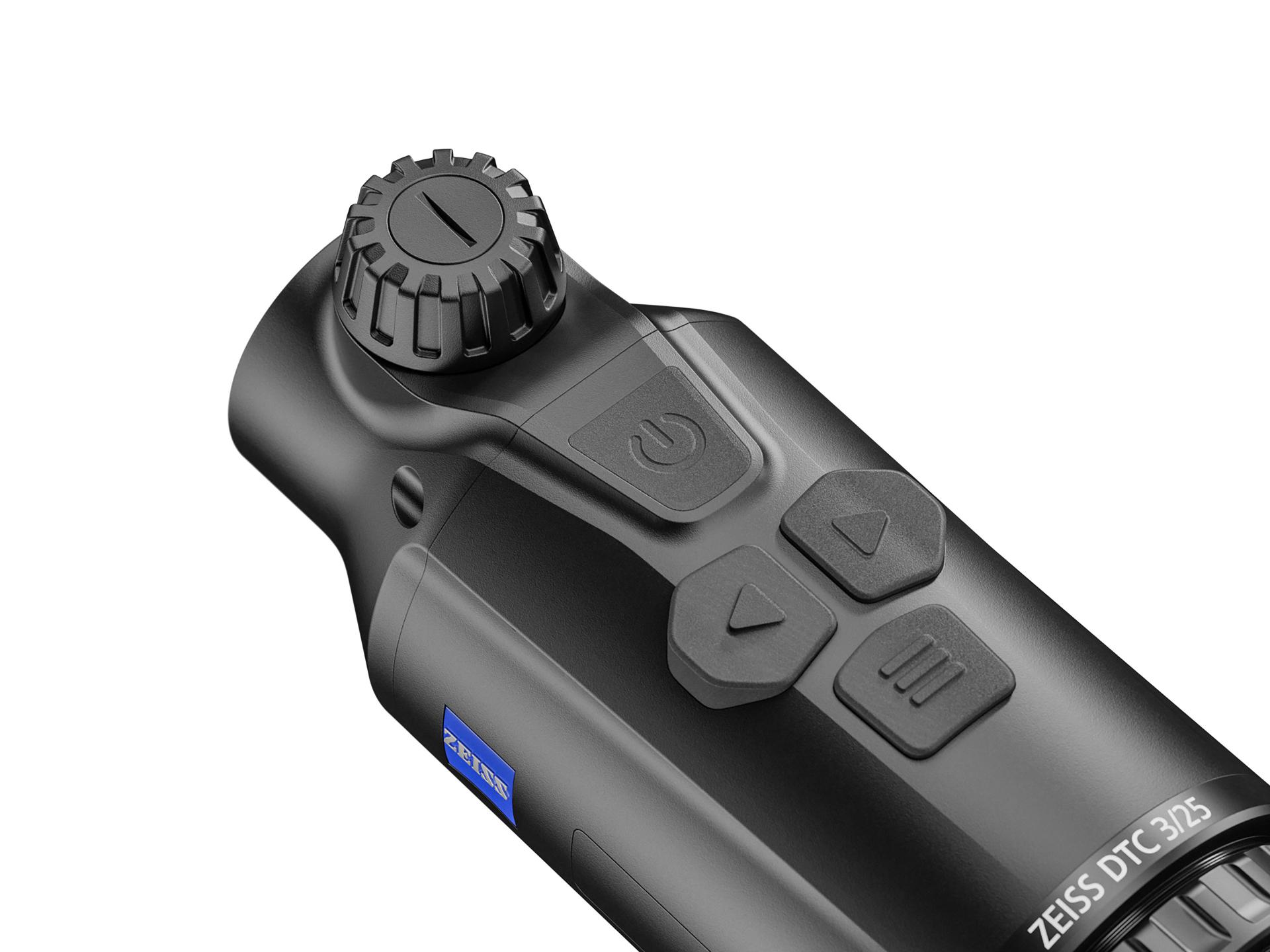 Close-up view of the ZEISS DTC 3/25 thermal imaging clip-on device showing control buttons and the ZEISS logo.