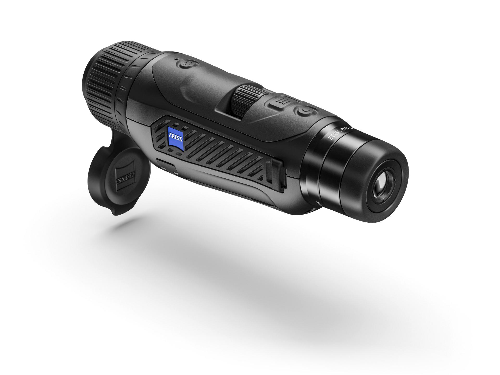 Compact black ZEISS thermal imaging monocular with textured grip, control buttons, and ZEISS logo on the side.