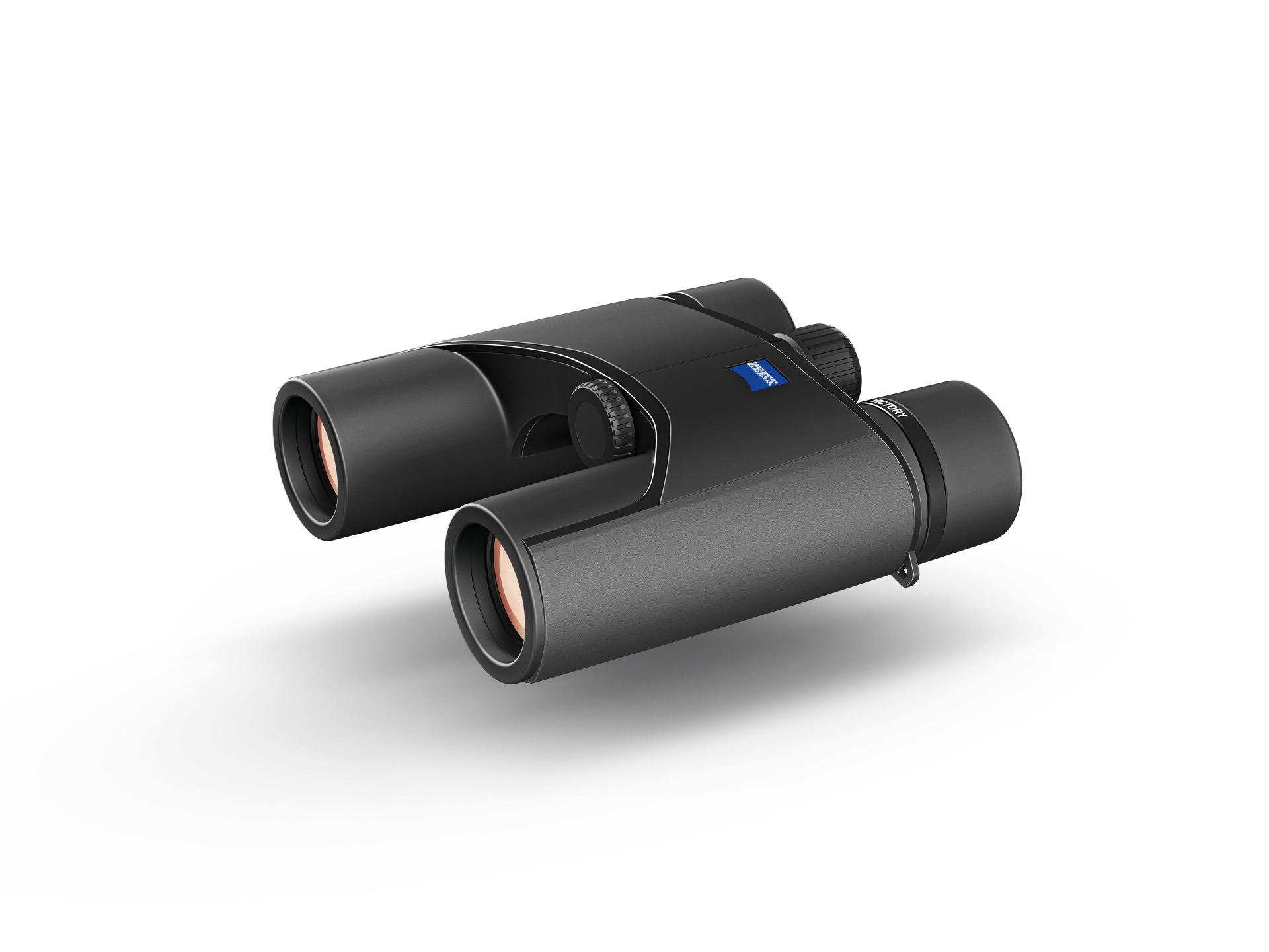 Black ZEISS binoculars with a compact, sleek design and the ZEISS logo displayed on the bridge.