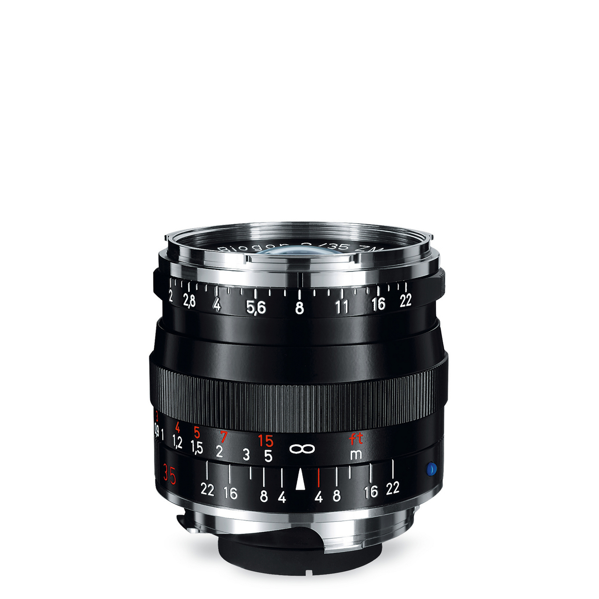 Black ZEISS camera lens with manual focus and aperture markings in white, red, and blue on a white background.