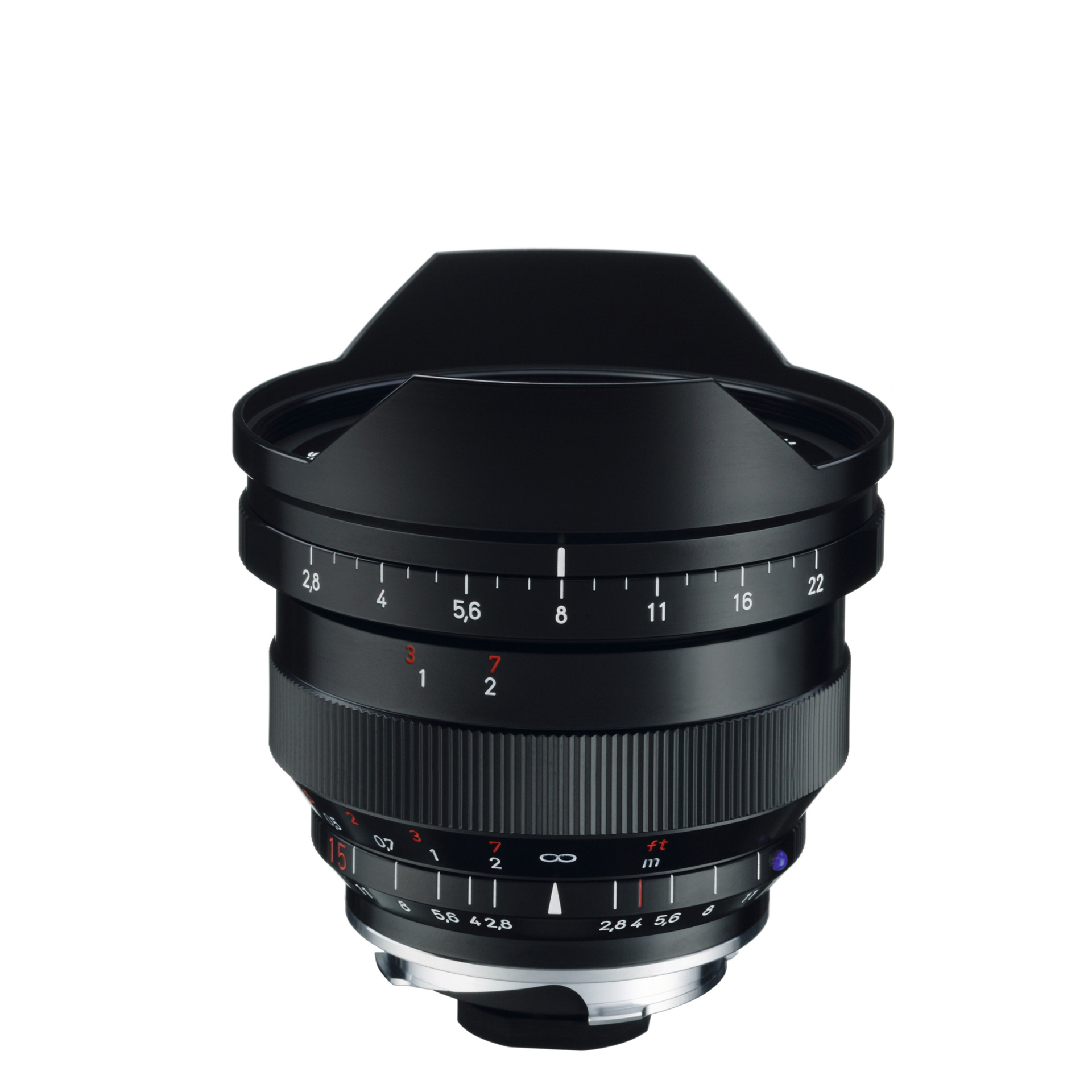 Wide-angle ZEISS camera lens with visible aperture and focus rings, photographed against a white background.