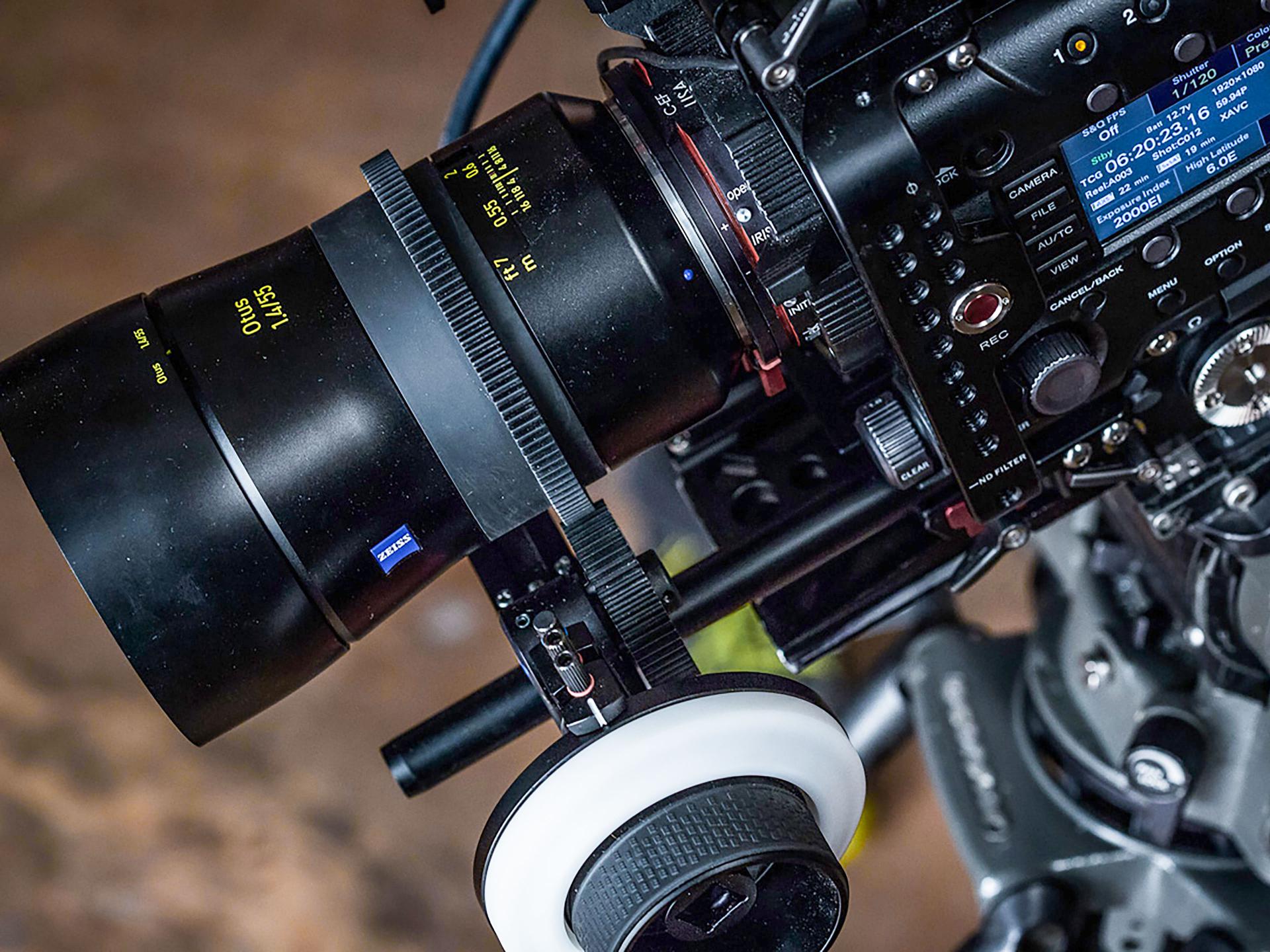 Close-up of a professional cinema camera rig equipped with a ZEISS Supreme Prime lens.