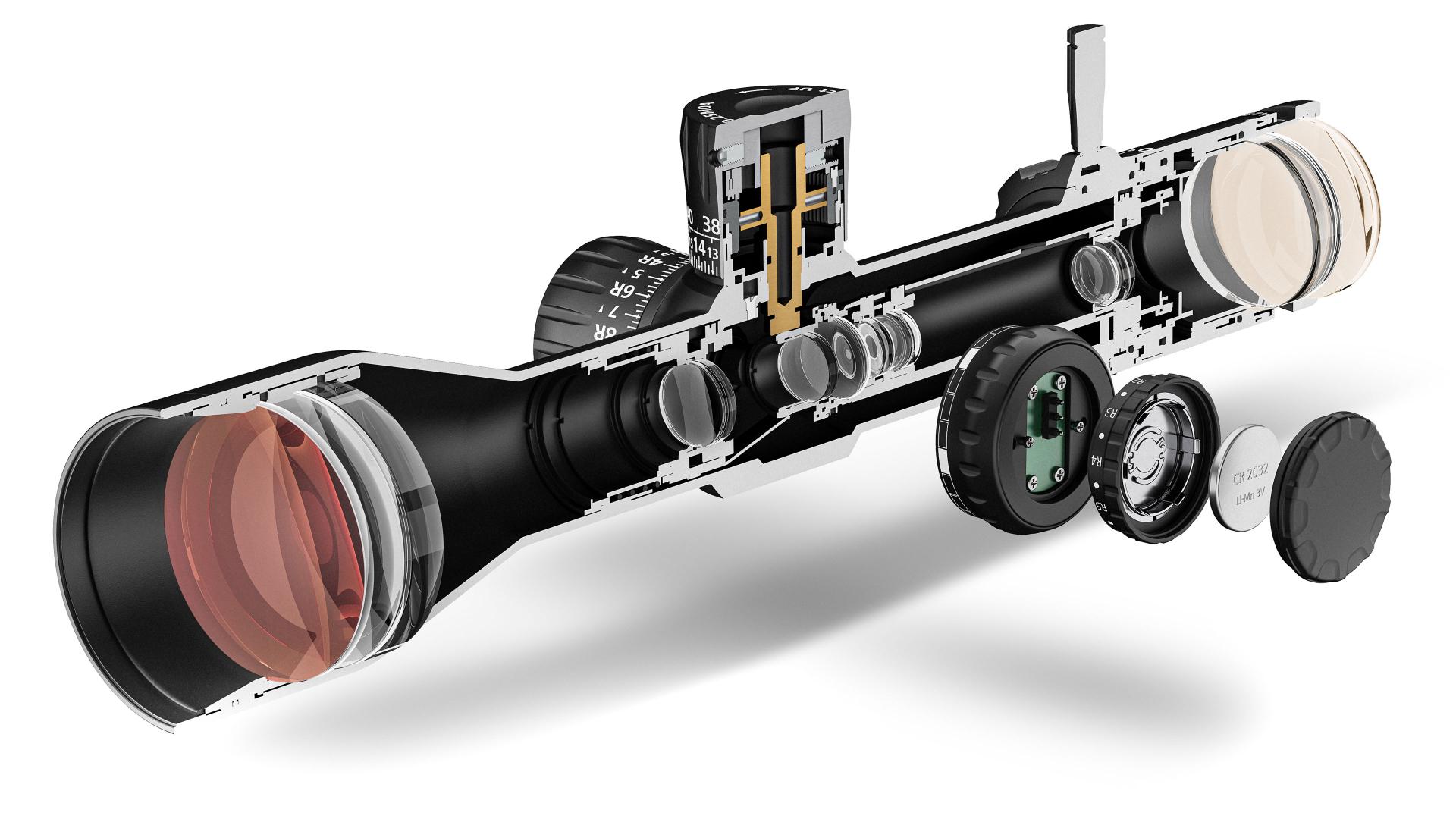 Exploded view of a ZEISS rifle scope showing internal components including lenses, adjustment dials, and housing elements.