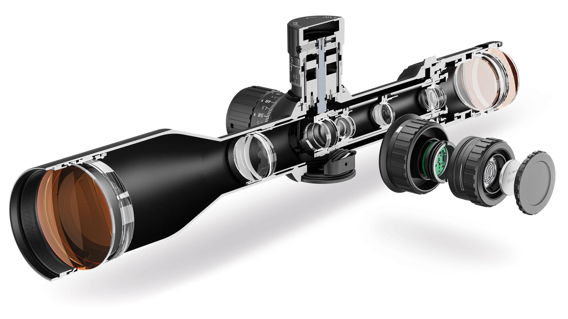 Cutaway view of a ZEISS riflescope showing internal lens elements and mechanical components.