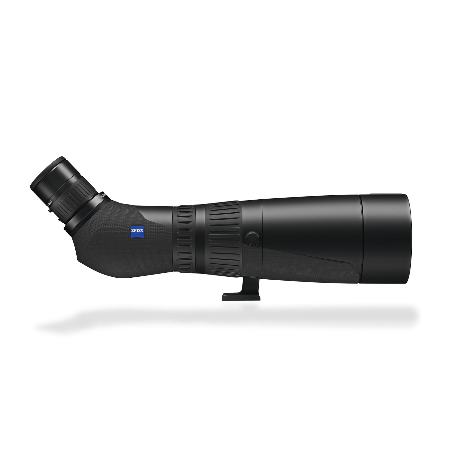 Black angled spotting scope with a red-tinted objective lens and ZEISS logo on the side.