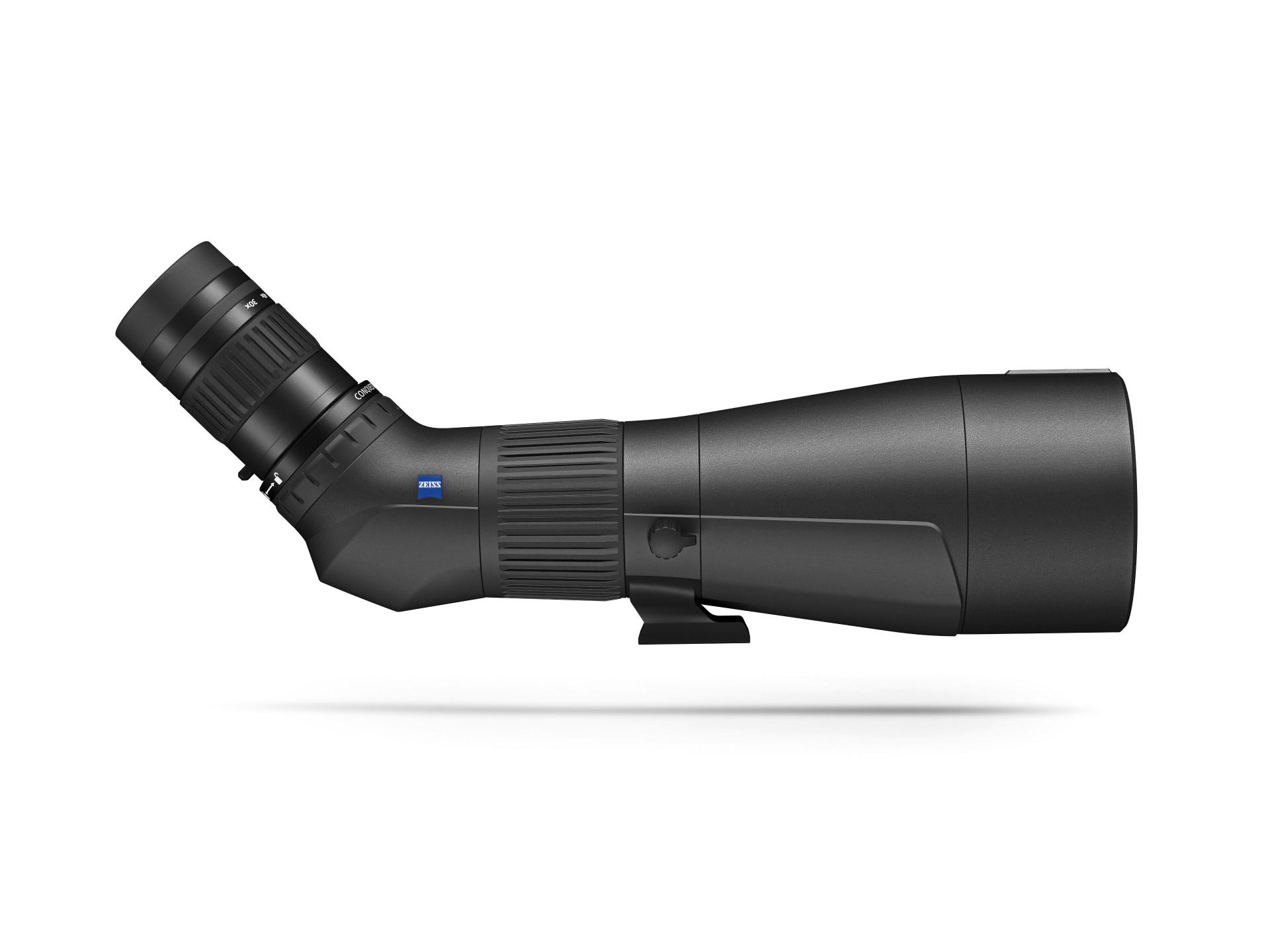Black ZEISS binoculars with a sleek, modern design and blue ZEISS logo on the hinge, shown at an angle on a white background.