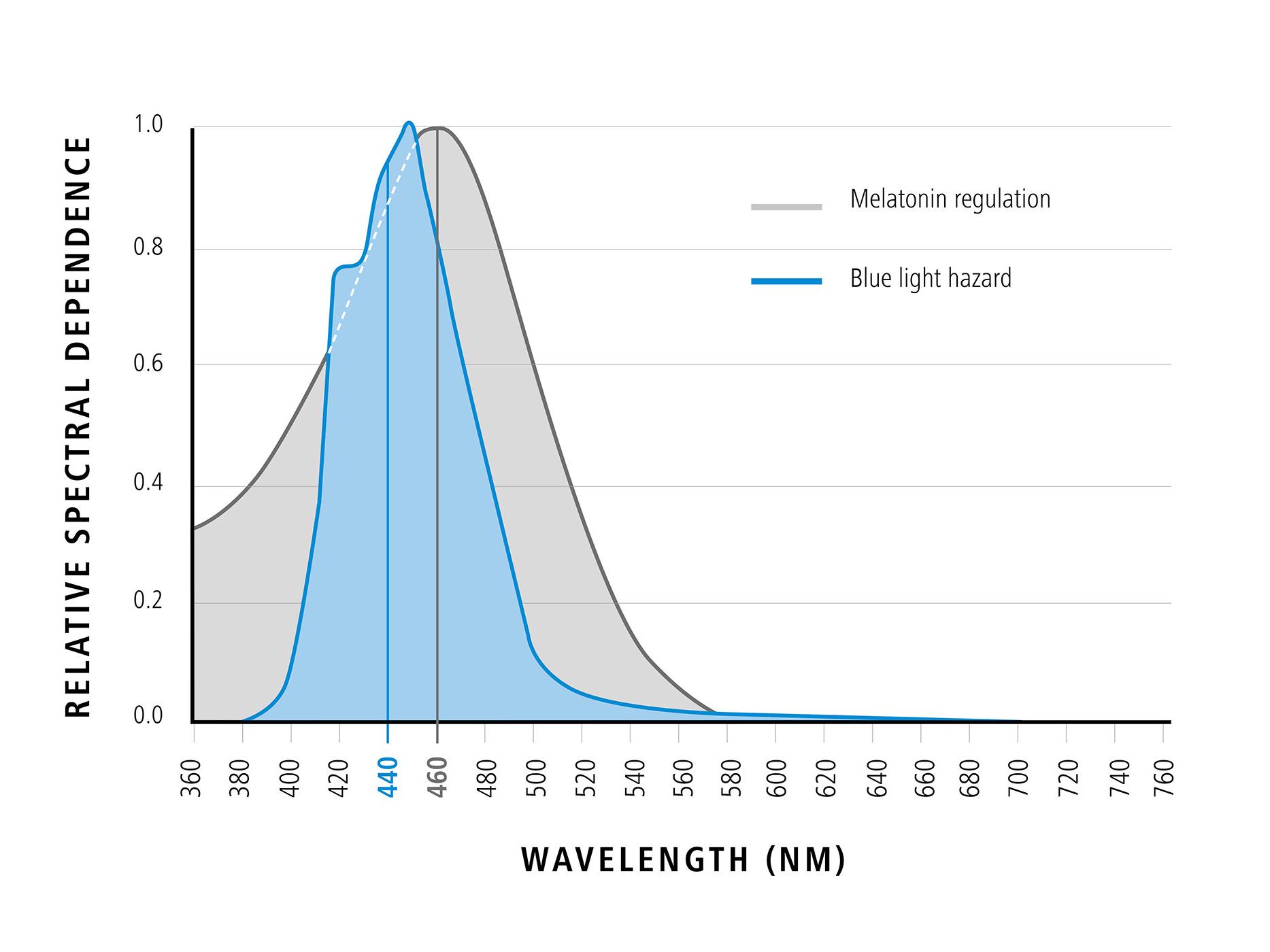 Diagramme présentant la longueur d’onde de la lumière bleue par rapport à la dépendance spectrale relative (effets positifs de la lumière bleue) 