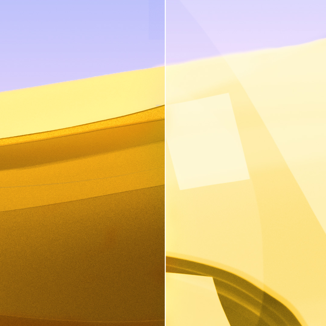 Images fractionnées d’un verre transparent propre muni de ZEISS DuraVision Gold UV et d’un verre présentant un reflet très voyant.