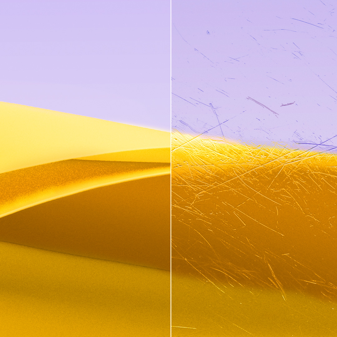 Images fractionnées d’un verre transparent propre muni de ZEISS DuraVision Gold UV et d’un verre présentant des rayures.