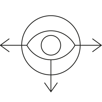 Icône montrant un œil dans un cercle avec trois flèches, pointant vers la gauche, le bas et la droite.