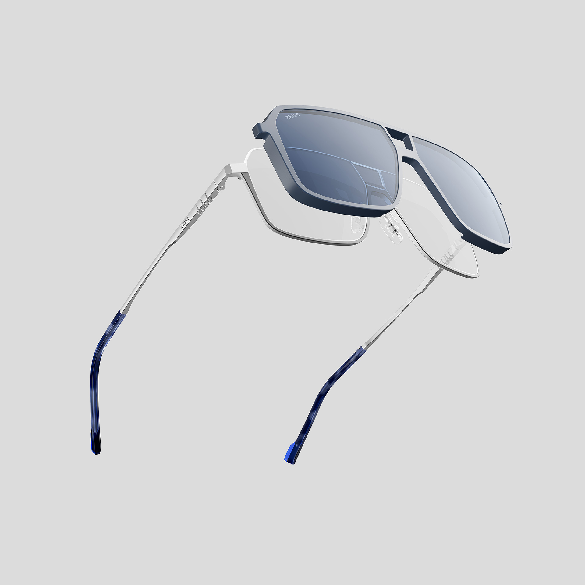 Une monture ZEISS avec un clip magnétique pour des lunettes plus foncées.