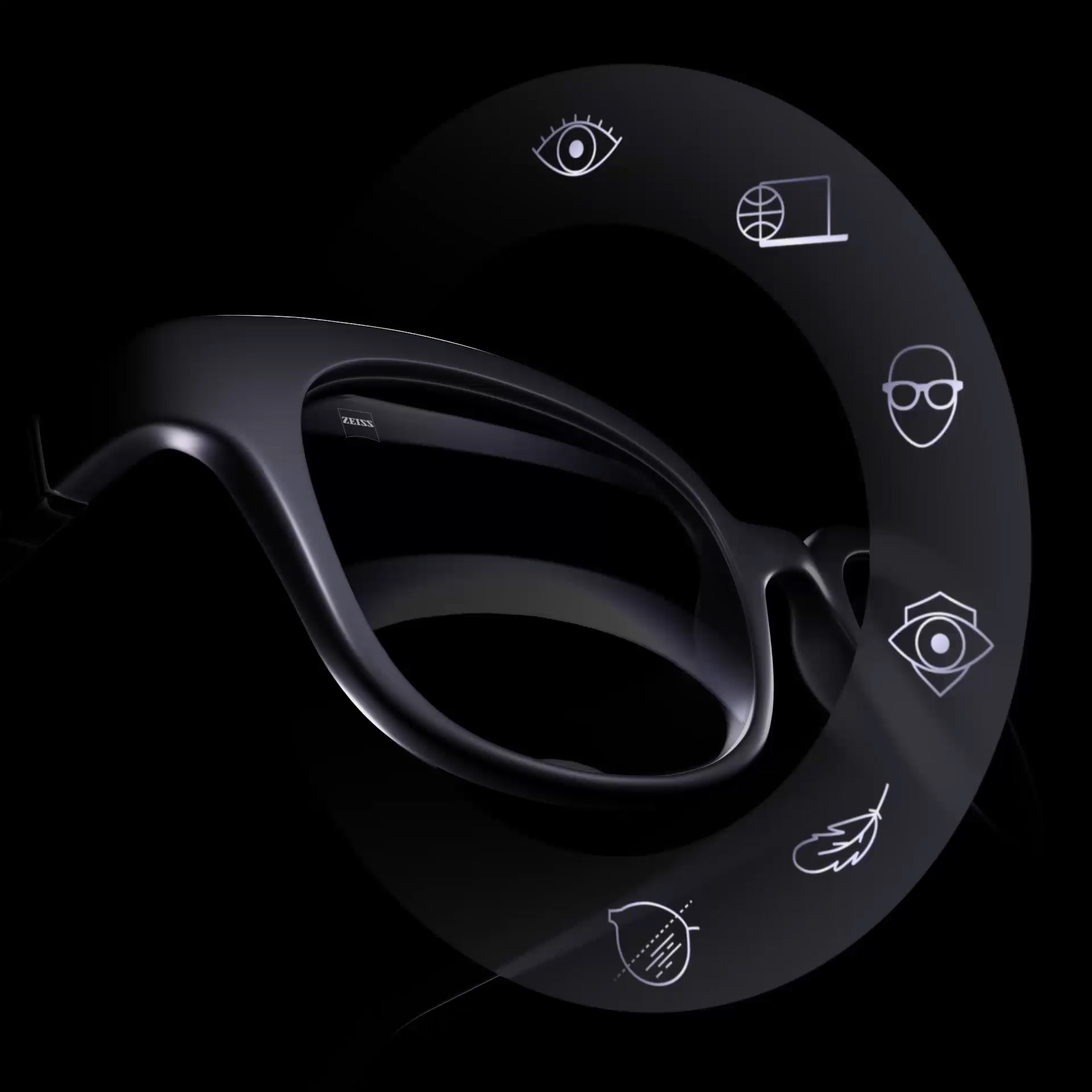 Animation de verres ZEISS dans une monture noire avec des icônes qui représentent ce qui fait un bon verre.  
