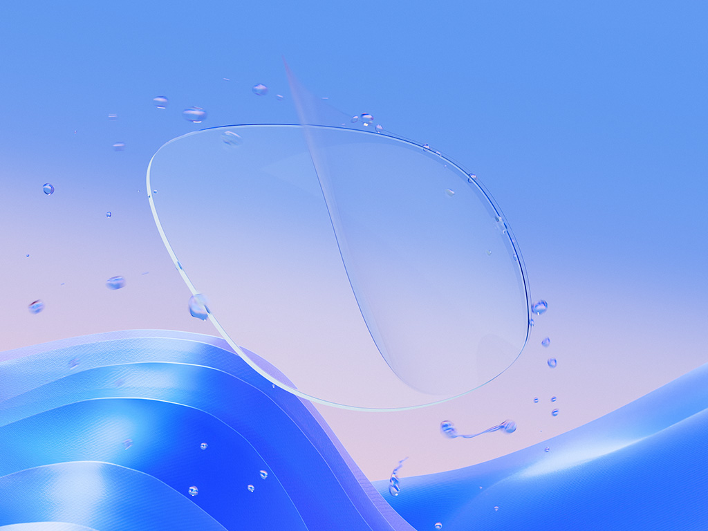 Représentation en images de synthèse d'un verre blanc de lunettes avec une fine couche de traitement de lunettes appliquée, repoussant efficacement des gouttelettes d'eau et montrant la clarté du verre et ses propriétés de protection.