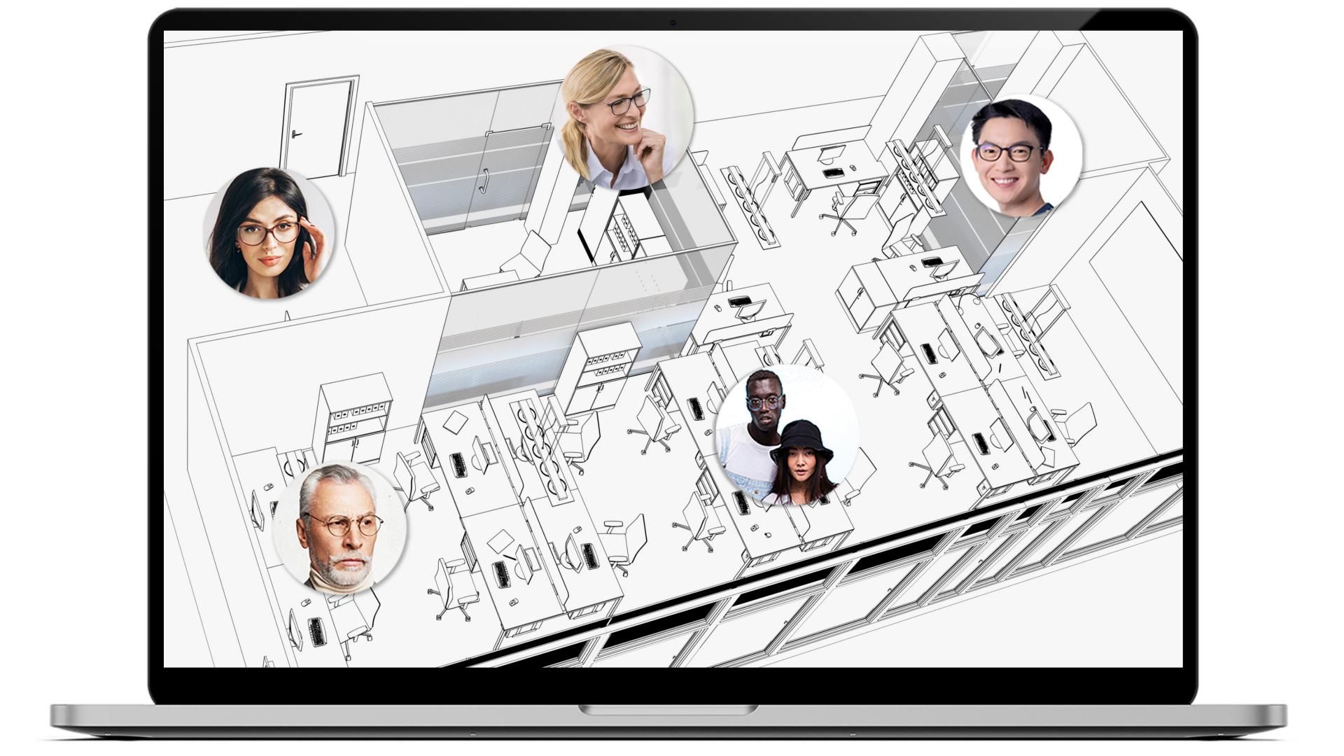 Ordinateur portable avec un dessin d’agencement de bureau à l’écran qui montre où se trouvent les différents collègues. Chaque zone dispose d’une petite image ronde des différentes personnes, qui portent toutes des lunettes ZEISS OfficeLens.