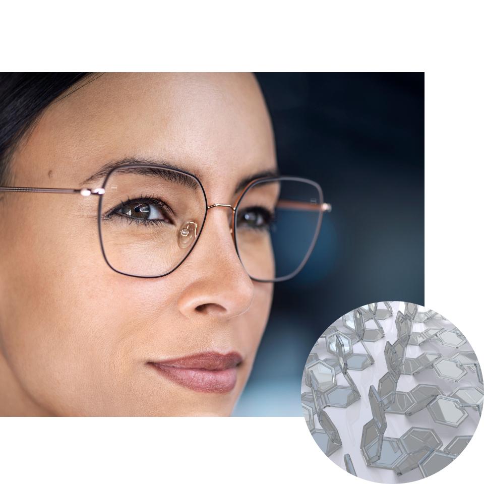 Femme portant des lunettes avec des verres ZEISS PhotoFusion X dans leur état clair, avec une visualisation des composants colorants pliés. 