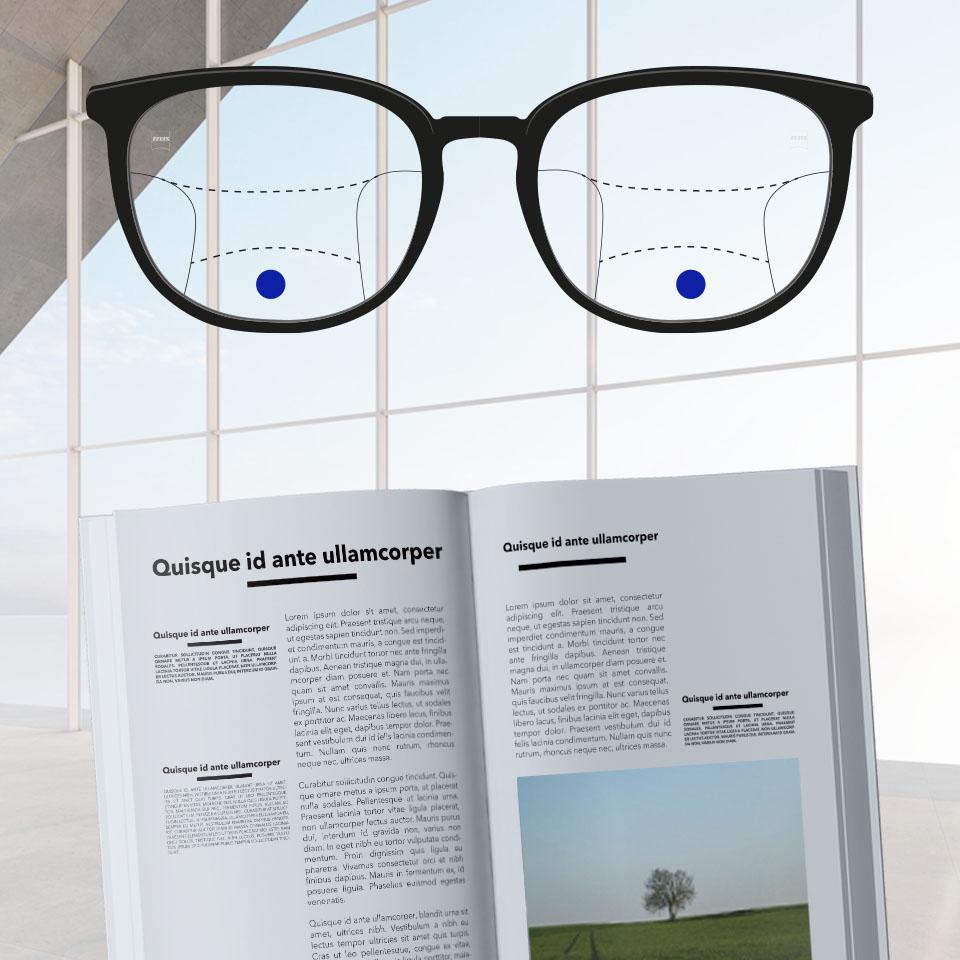 Une monture avec des verres progressifs et des lignes schématiques qui indiquent les différentes zones de vision. Différentes parties du verre sont surlignées : de près – partie inférieure des lunettes.