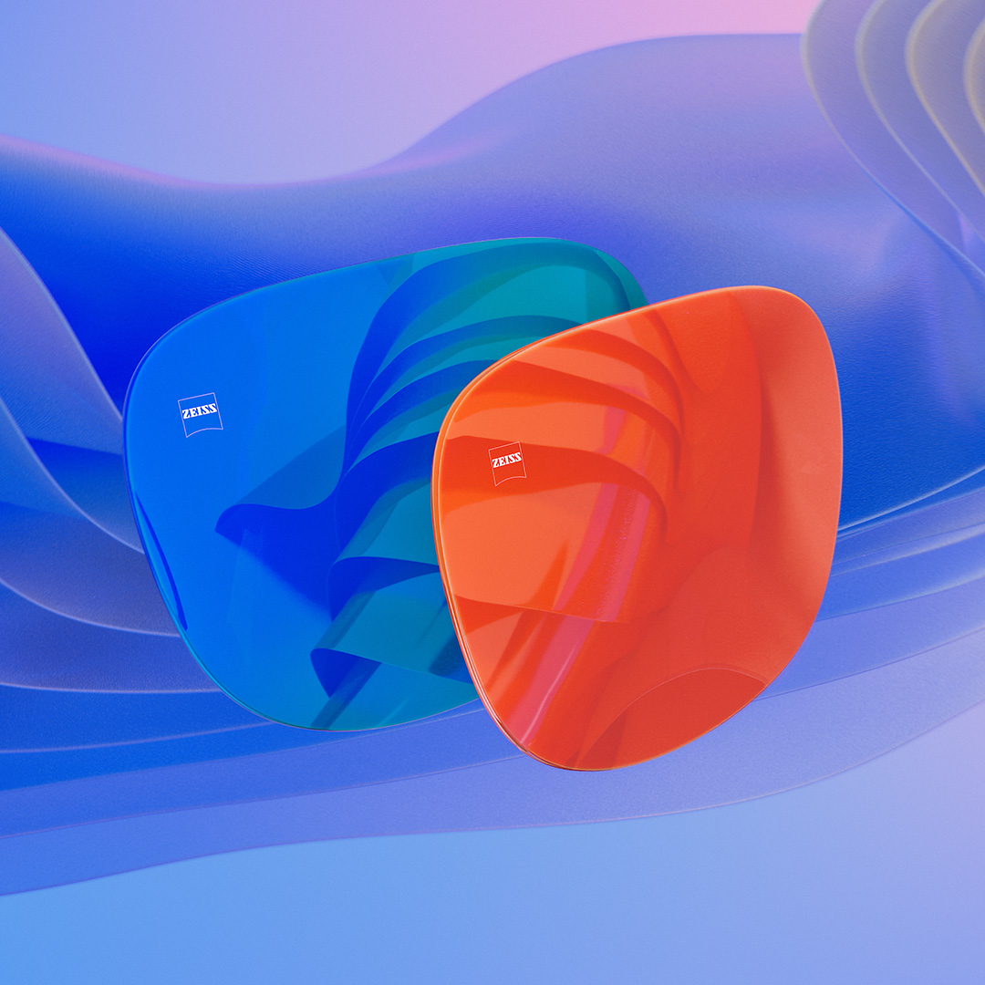 Représentation en images de synthèse de deux verres solaires avec des faces avant miroitantes de couleur vive bleue et orange.