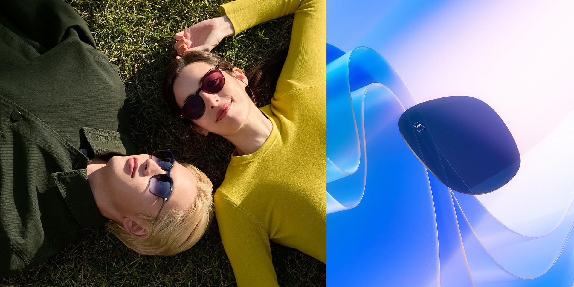 Un homme et une femme allongés dans l’herbe portent des lunettes de soleil correctrices ZEISS et regardent le ciel. Pour illustrer sa capacité à bloquer les rayons ultra-violets, un verre teinté représenté en images de synthèses flotte vers la lumière du soleil.