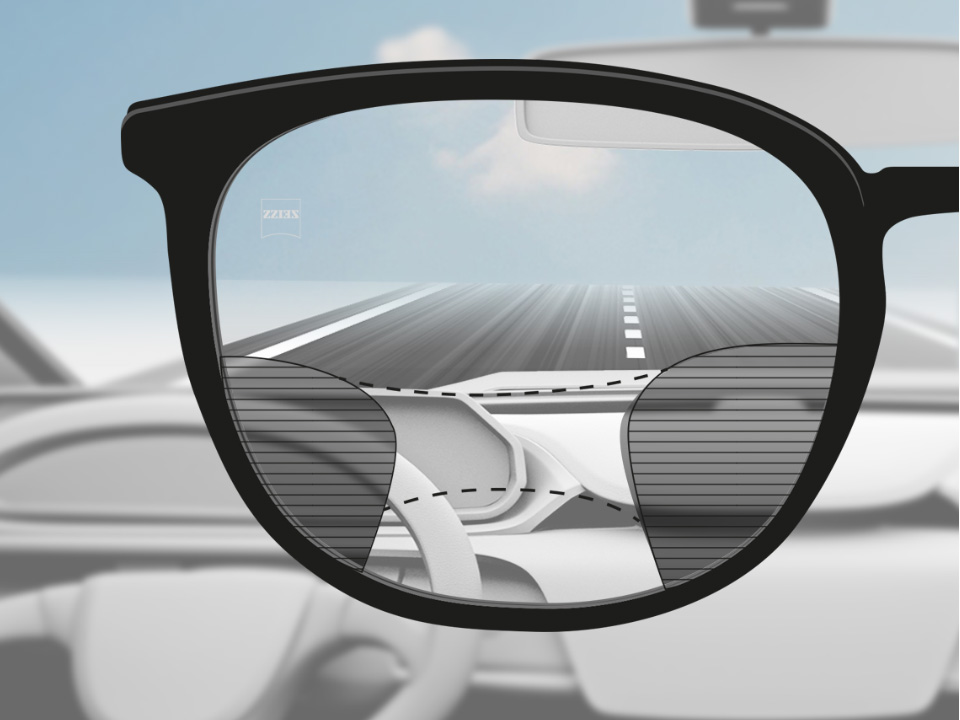 Une image montrant à travers un verre ZEISS DriveSafe progressif le point de vue d’un conducteur, la vision de la route et du tableau de bord étant nette, avec une fine zone floue sur la droite et la gauche. 