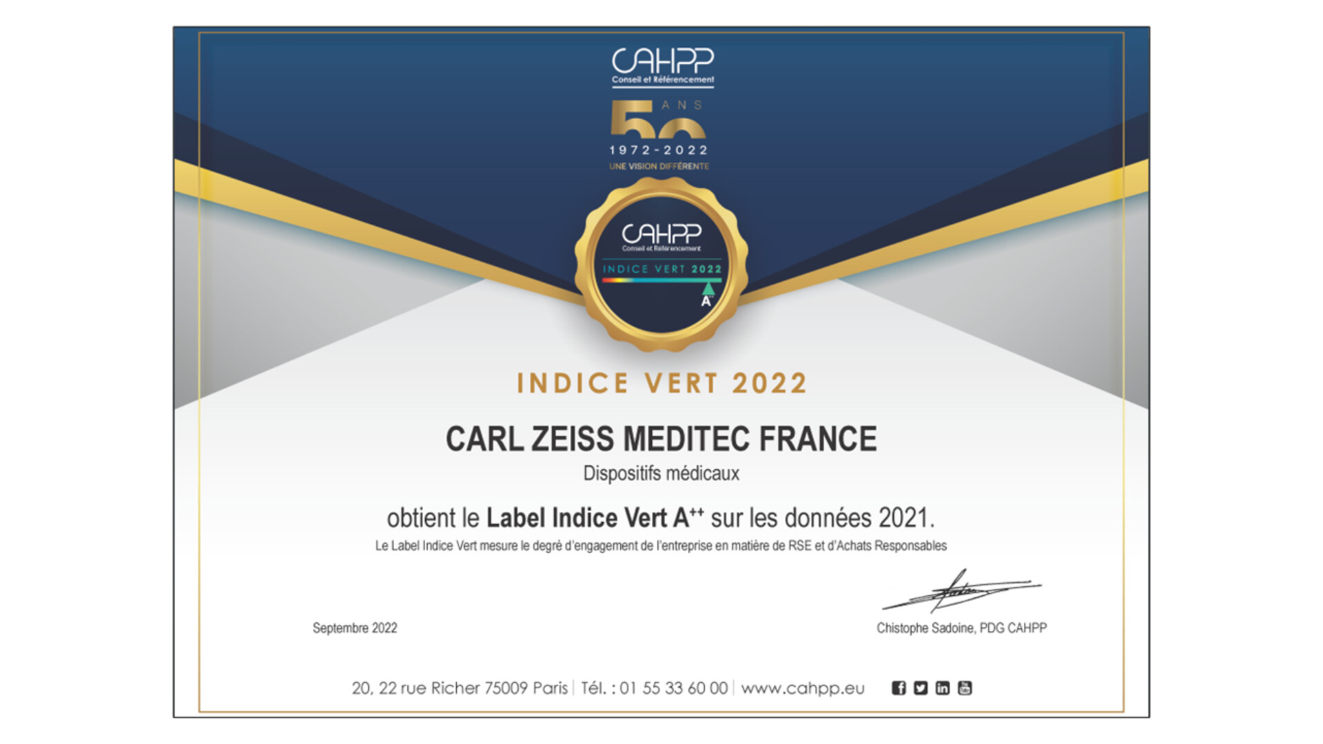 Obtention du niveau A++ à l'Indice Vert