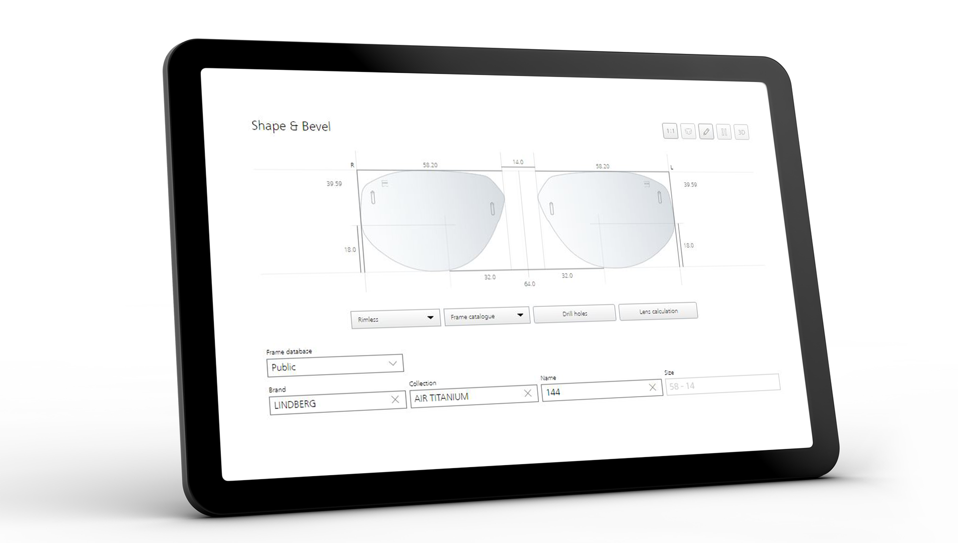Tablet screen showing the ZEISS VISUSTORE interface for shape and bevel 