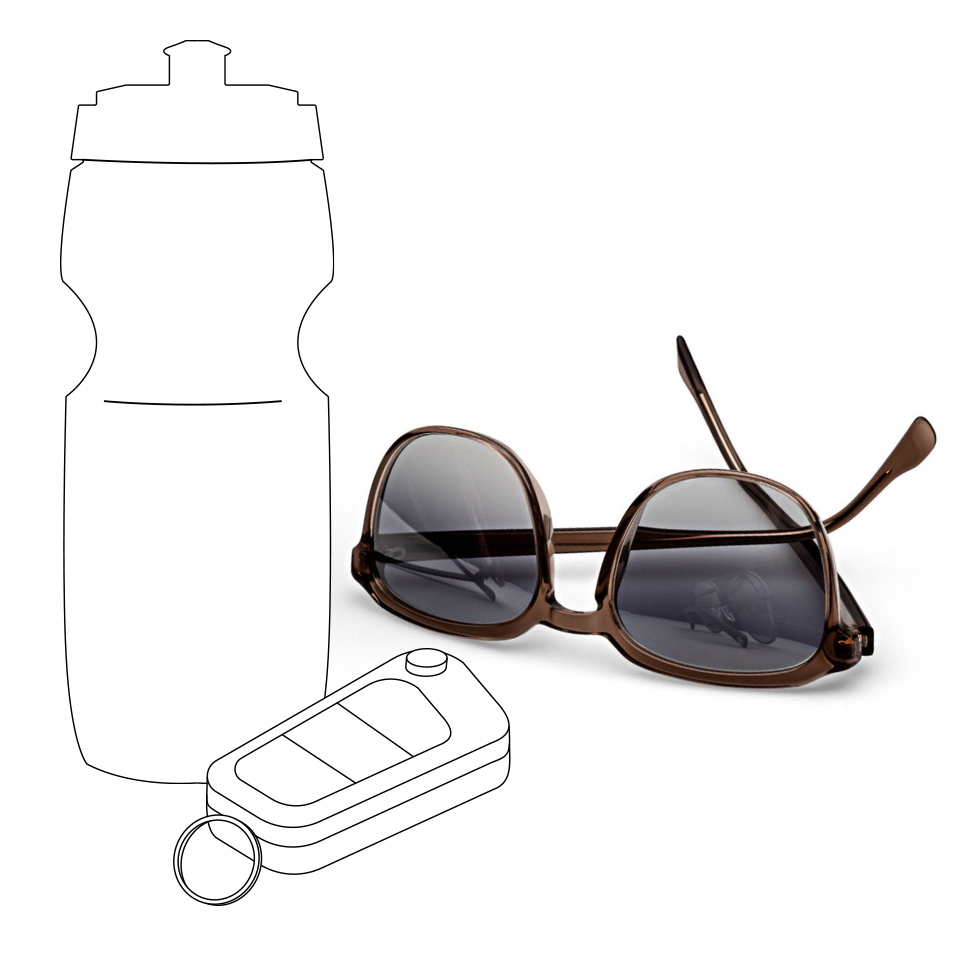 Une illustration d’une bouteille d’eau pour le sport et de clés de voiture à côté d’une véritable image de lunettes de soleil ZEISS avec un dégradé gris.
