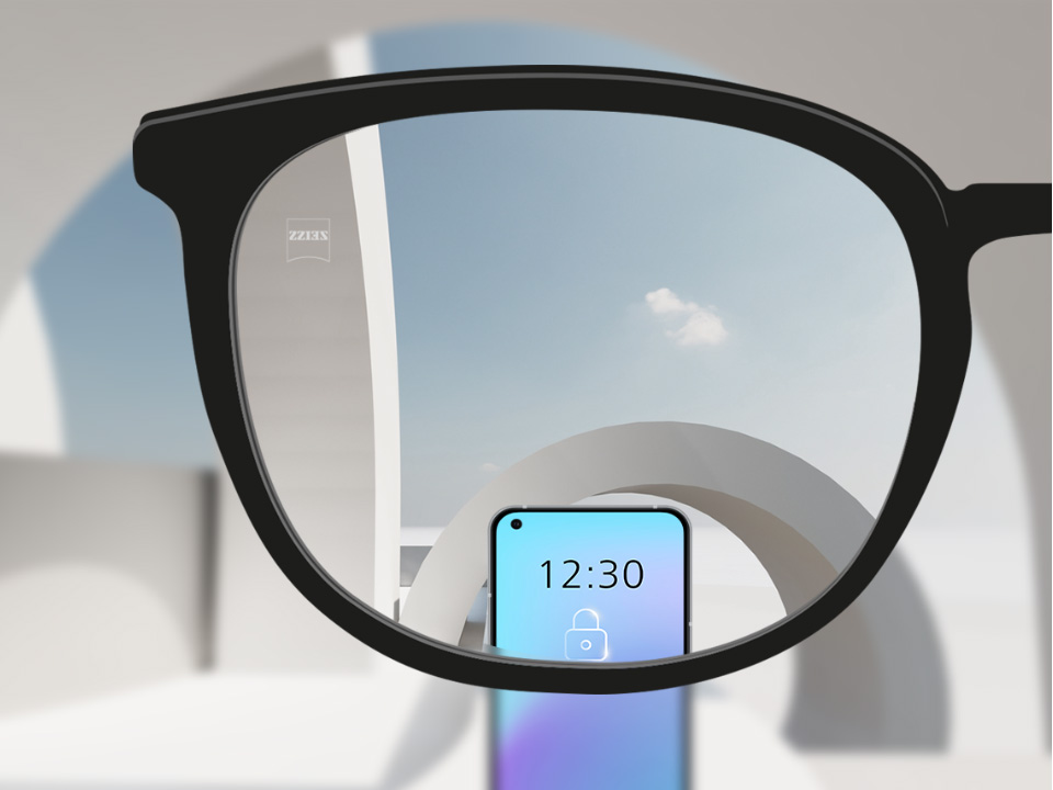 Illustration schématique du point de vue à travers un verre unifocal SmartLife Young qui montre une vue nette des objets distants et des appareils numériques. 