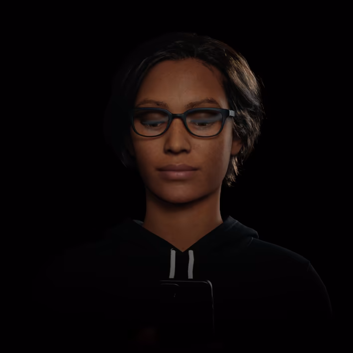 Illustration animée d’une personne qui bouge les yeux et la tête en regardant un smartphone à travers différentes parties de ses lunettes SmartLife et à différentes distances dans un modèle d’objet spatial en 3D, suivie par des centaines de points de données lumineux formant le chiffre 12,5